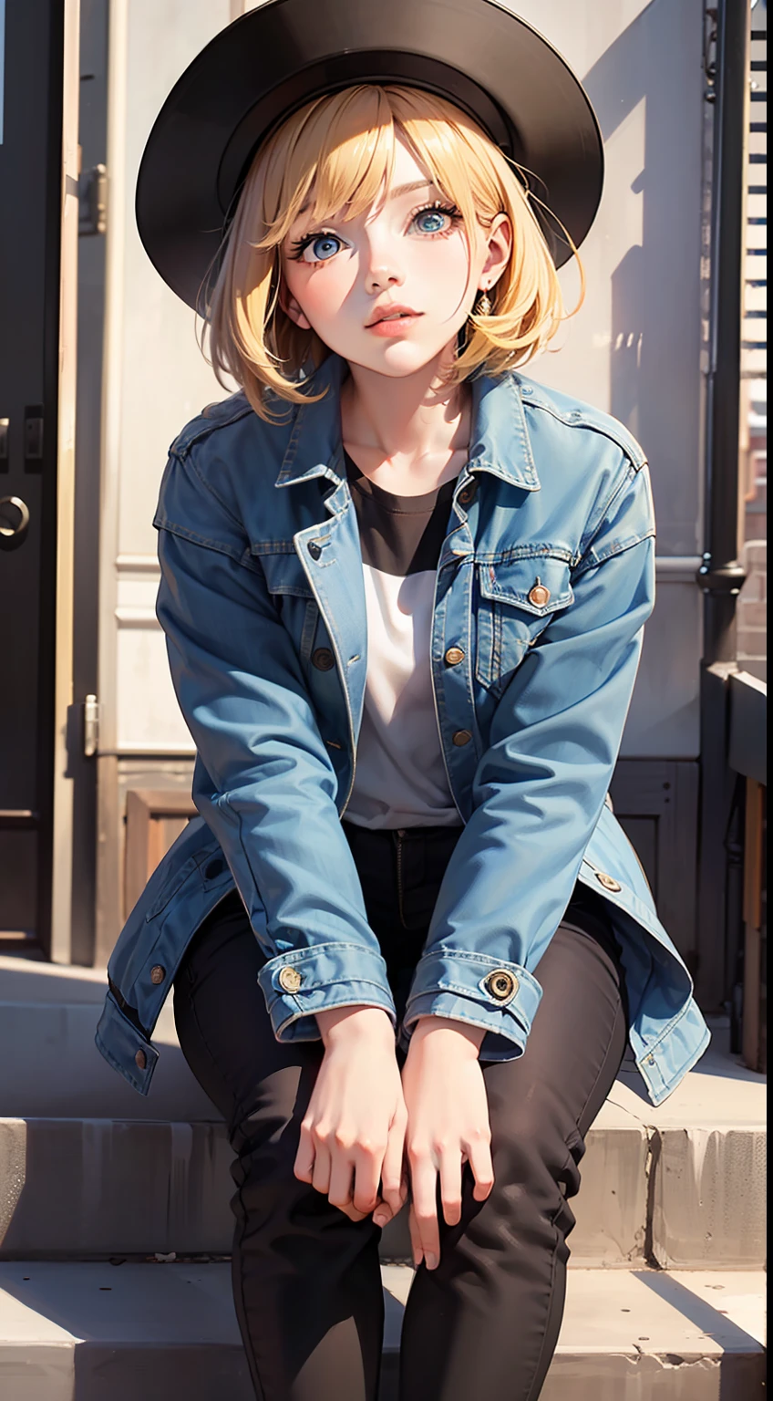Bestquality, masterpiece, ultrahighres, detailedeyes, deepshadow, Perfect lighting, 1girl, Blue denim coat, Black pants, Blond hair, Sit on the steps, Mural painting, cowboy shot, textured skin, anatomically correct, best quality, 8k, HD, retina