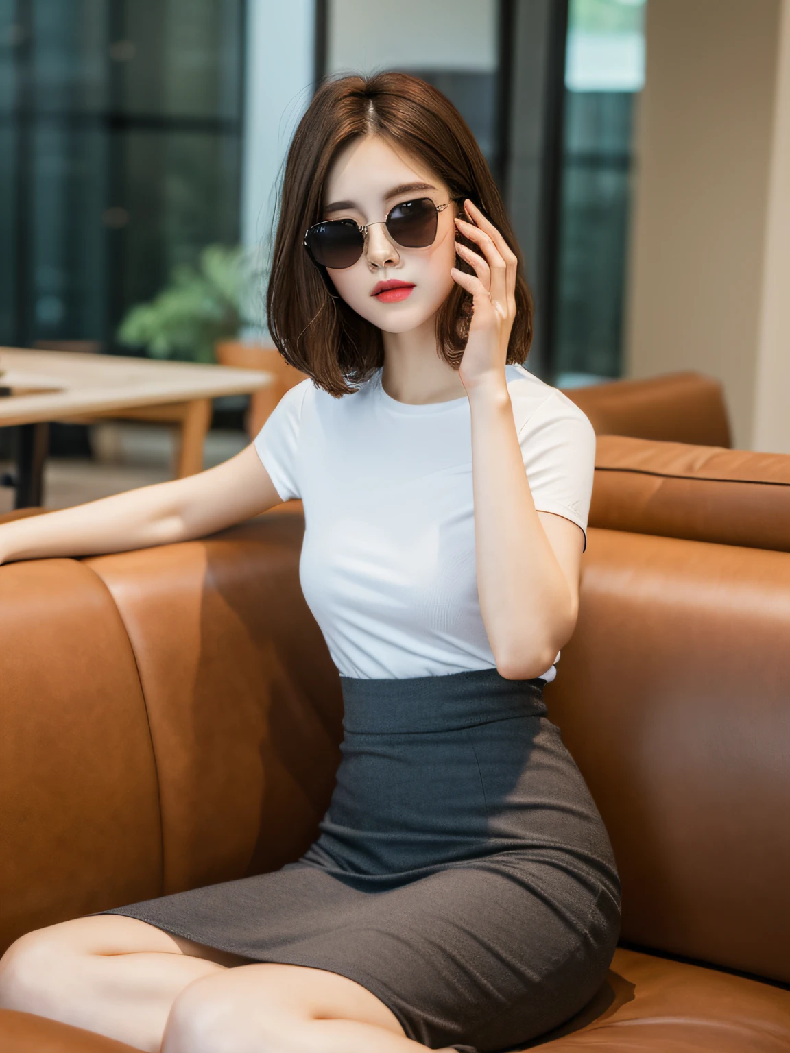 ((Best Quality, 8K, Masterpiece: 1.3)), 1 girl, full body, slim face, beautiful woman, (short dark brown hair), long skirt 1:1, ultra-detailed face, detailed eyes, evening, head down, sunglasses sitting on sofa in living room, dark light, blurred background, slim face,
