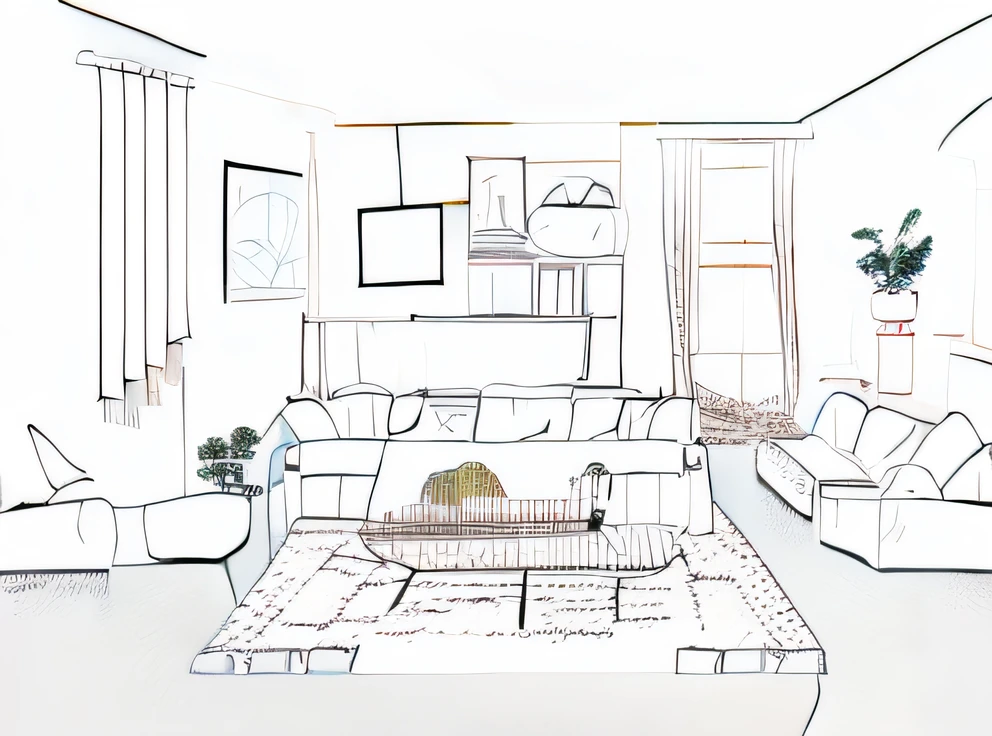 a sketch of a living room with a couch and a coffee table, in a living room, an interior of room, location in a apartment, the living room, black and white illustration, anxiety environment, black and white drawing, living room background, in a room, stock illustration, coloring book page, flat drawing, realistic line drawing, couches melting, dirty apartment