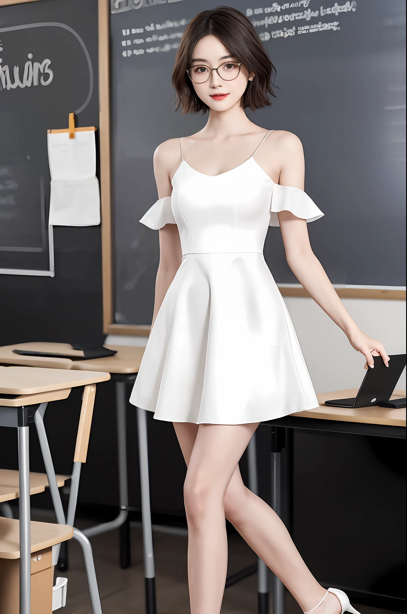 Masterpiece, best quality, extremely detailed CG Unity 8k wallpaper,
A beautiful teacher,
College student, narrow frame glasses, classroom, blackboard, detailed background, white dress, fair skin, legs, high heels, thin figure, short hair