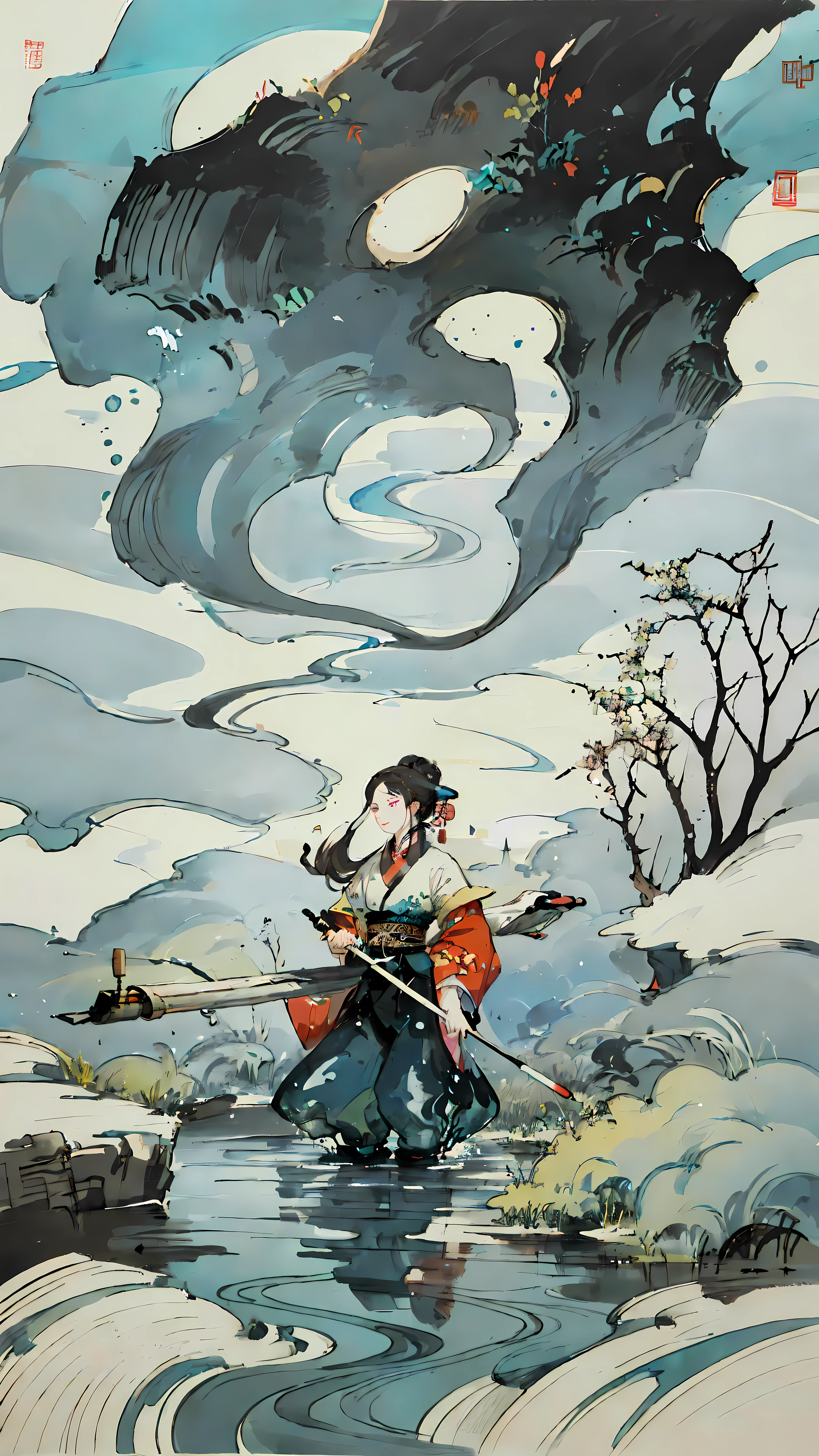 (best quality), oriental detailed background, cloudy, psychedelic, landscape, shops, ponds, villages, mountains and rivers, chinese style, clouds, chinoiserie texture, elegant, painted, ((chinese color ink)), (chinese color ink painting style))), (((masterpiece))), (bestquality))), ((super detailed, very precise detail)) , (gone with the flow), (illustration), (amazing), (absurd), (sharp focus), ((extremely fine)) ,((high saturation)), (splashing colored ink around), ((colorful), light color,