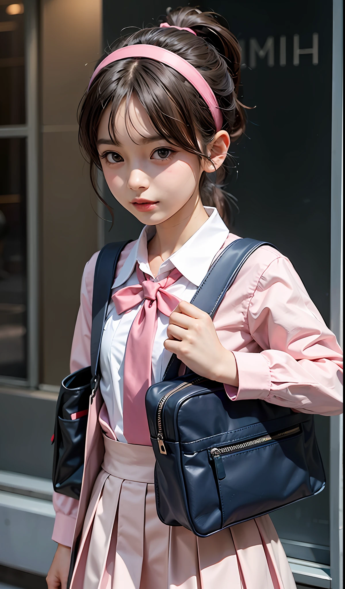 An eight-year-old girl, schoolboy school bag, cute pink school uniform, animal hanging, ponytail, headband