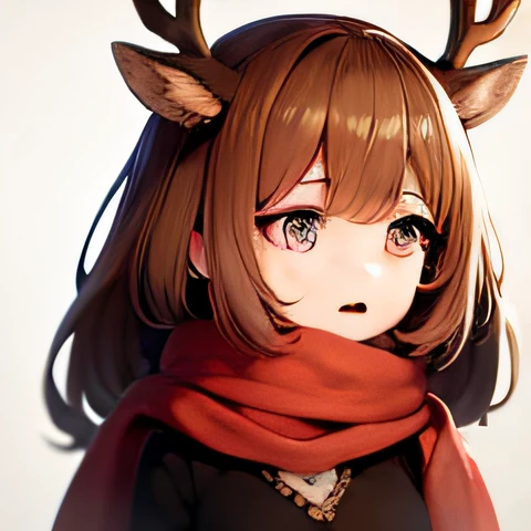 A cartoon girl with deer head and scarf, short antlers, deer ears, cute, anthropomorphic deer female, anthropomorphic female deer, cute horns, [[[[[crying]]], discordant profile picture, cute, antlers on the head, by Kanbun master, loli, 🍁 🍂 cute characters