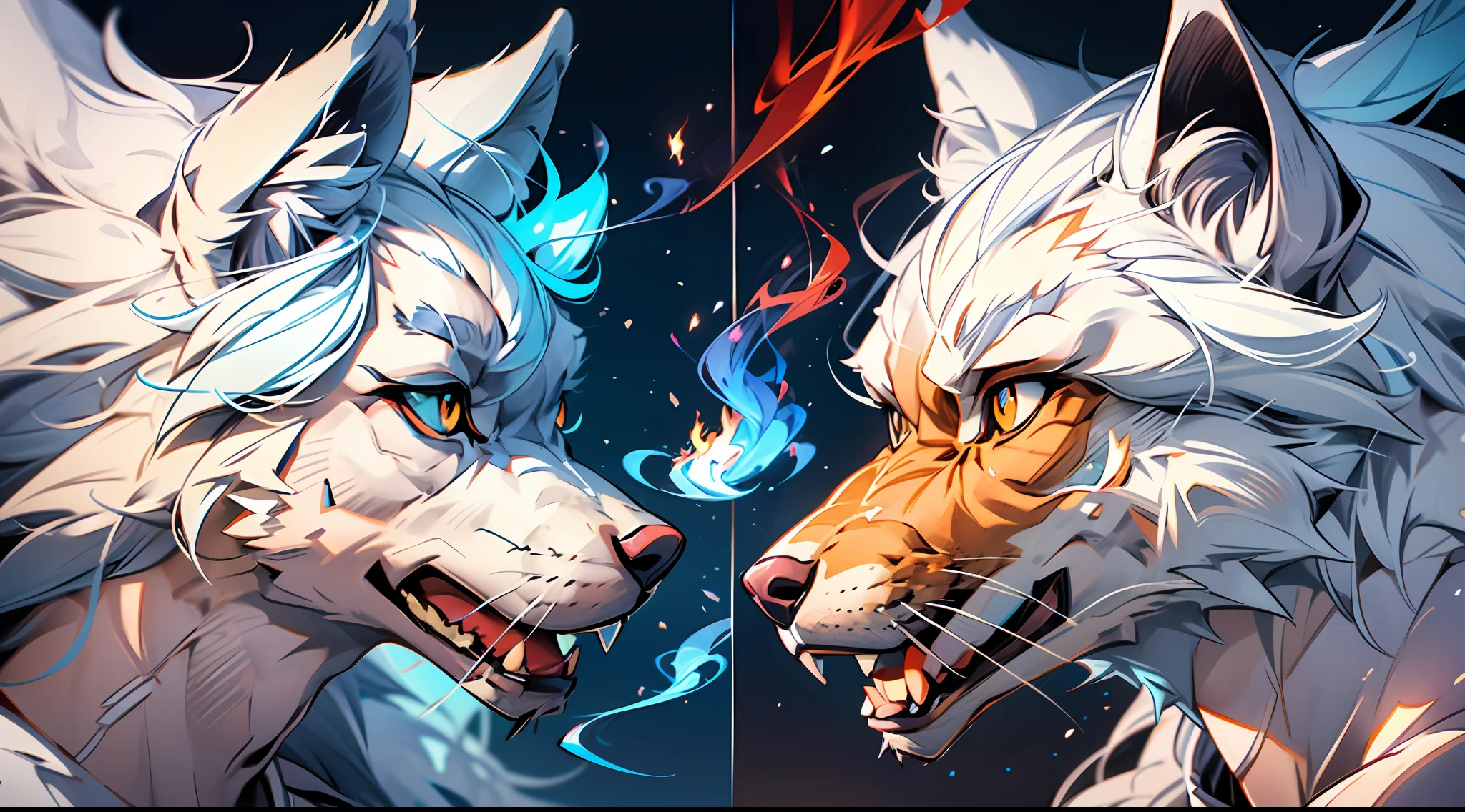 2 wolves face to face (white wolf and brown wolf) one side is flame smoke and other side is blue aura flame