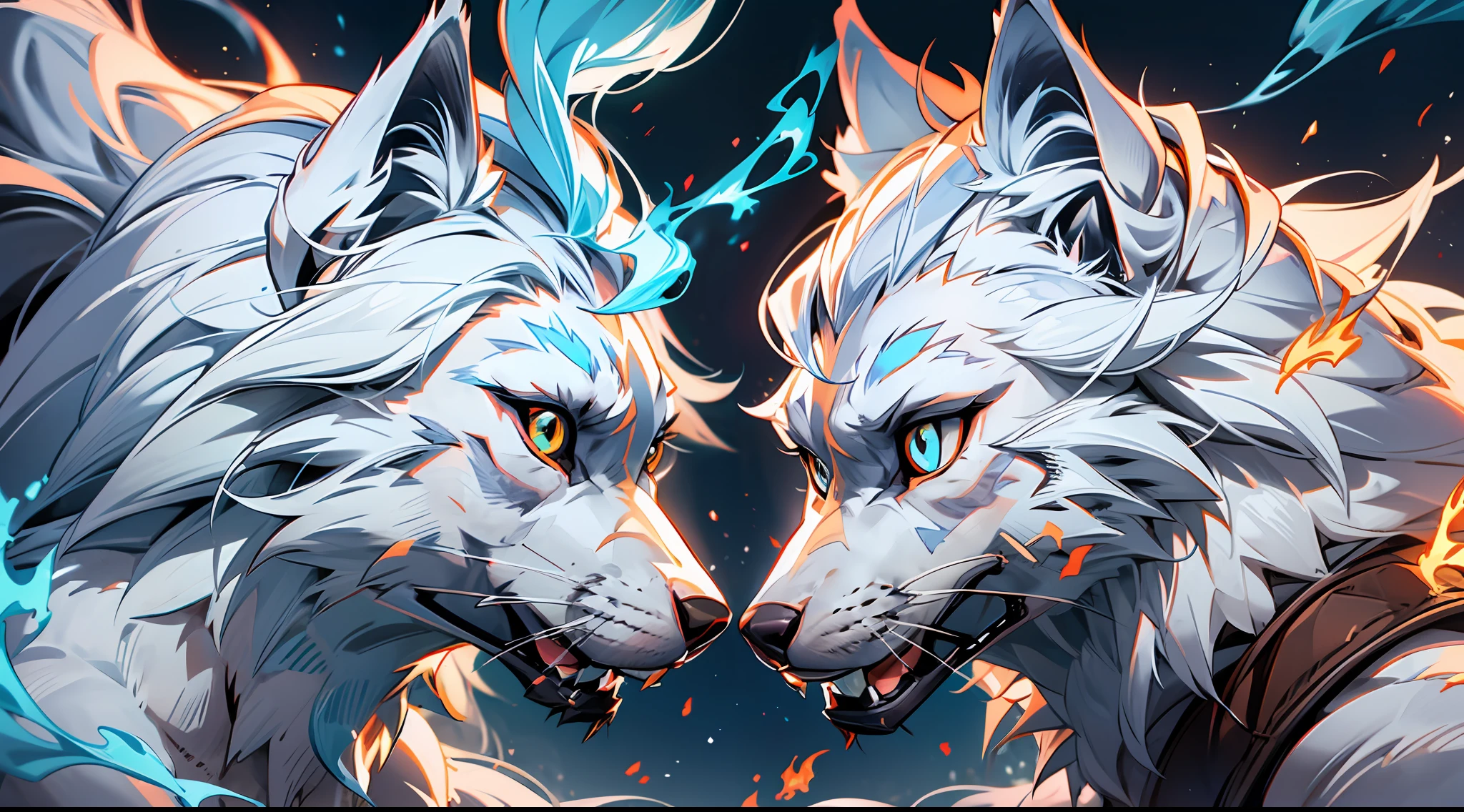 2 wolves face to face (white wolf and brown wolf) one side is flame smoke and other side is blue aura flame