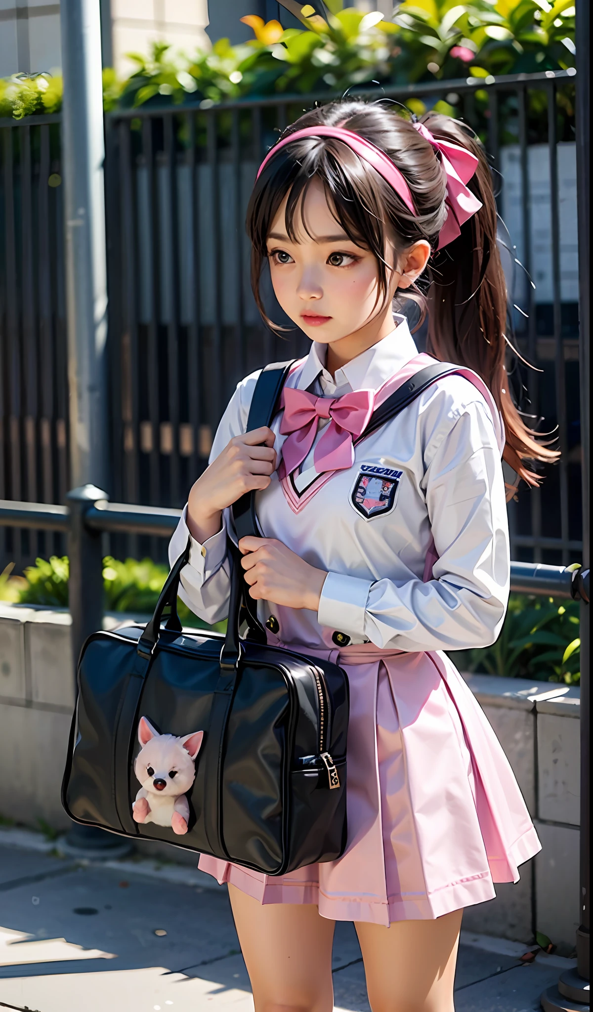 An eight-year-old girl, schoolboy school bag, cute pink school uniform, animal hanging, ponytail, headband