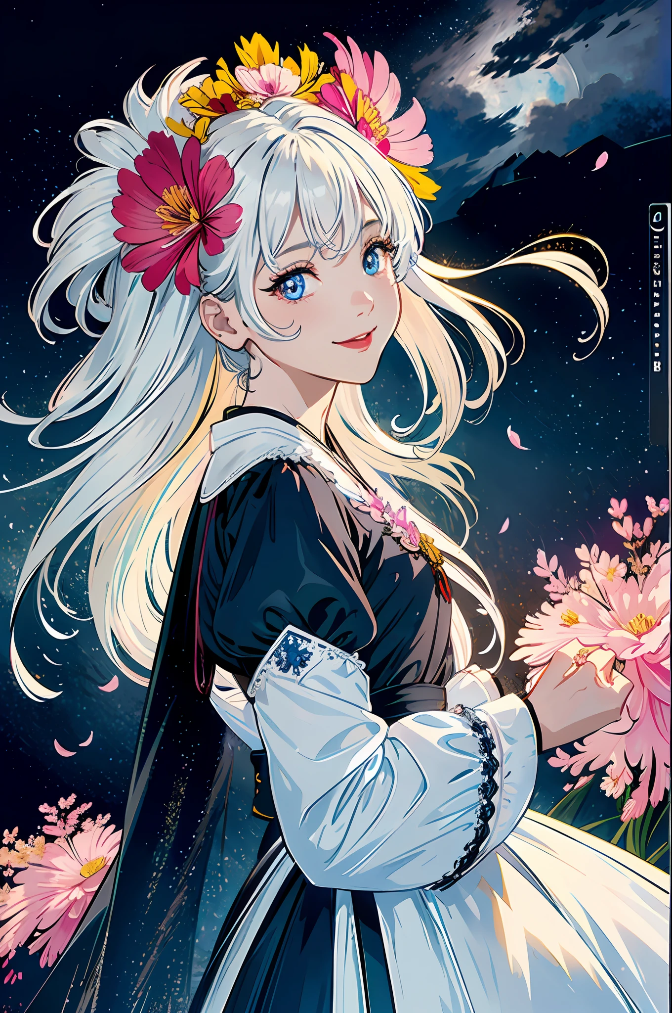 masterpiece, best quality, 1girl, (colorful),(finely detailed beautiful eyes and detailed face),cinematic lighting,bust shot,extremely detailed CG unity 8k wallpaper,white hair,solo,smile,intricate skirt,((flying petal)),(Flowery meadow) sky, cloudy_sky, building, moonlight, moon, night, (dark theme:1.3), light, fantasy,