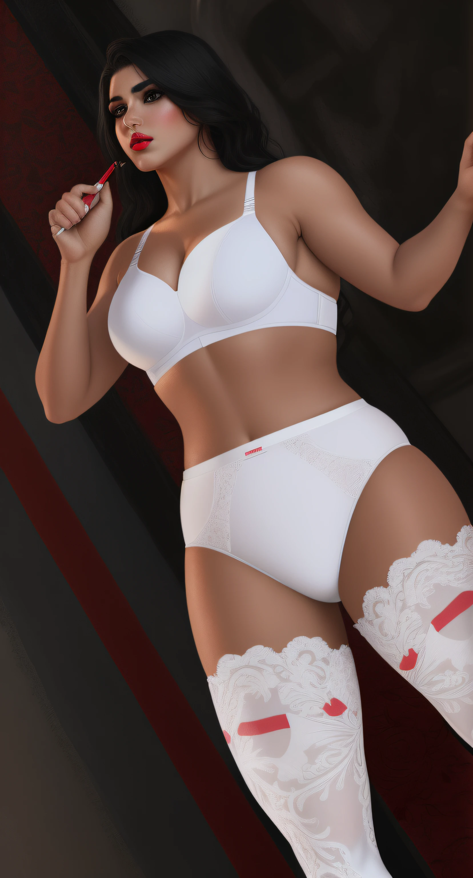 Curvy Hispanic female wrestler, in fancy white bra, fancy white cotton panties, fancy white high stockings, applying makeup and lipstick, realistic art style, intricate details