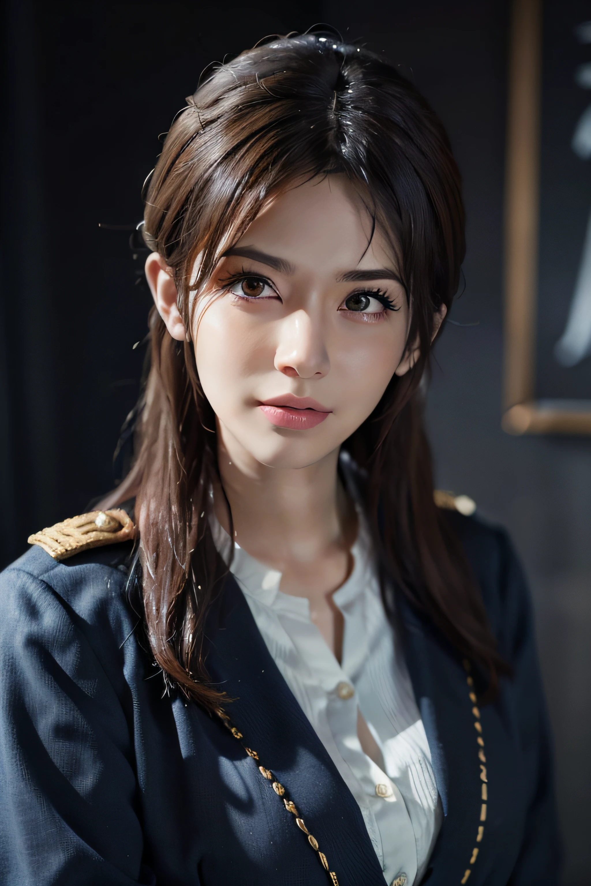 Surrealistic female portraits by David Hockney and Alphonse Mucha, fantasy art, photorealism, dynamic lighting, artstation, poster, volumetric lighting, very detailed faces, 4k, award-winning, 1girl, in the dark, deep shadows, low-key, denim photos, (formal wear: 1.4), long hair, gray hair, bust photos, stunning face, delicate makeup, sexy body, full, look at me, flight attendant suit, military uniform, flight attendant