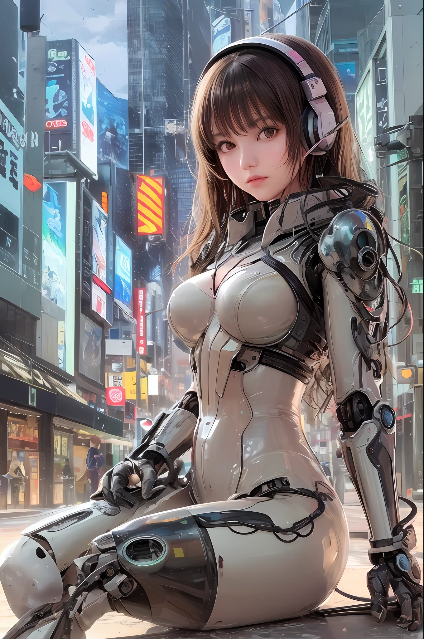 Top quality, masterpiece, ultra high resolution, (photorealistic: 1.4), raw photo, futuristic town perspective, futuristic skyscrapers, 12 year old girl standing on a futuristic street corner, black hair, shiny skin, 1 Gundam girl, (((ultra-realistic details)), sidmead-style mecha design, portrait, global illumination, shadow, octane rendering, 8K, Ultra Sharp, Big, Cleavage Exposed Raw Skin, Metal, Intricate Ornamental Details, Headset, Hydraulic Cylinder, Very Intricate Details, Realistic Light, CGSoation Trend, Purple Eyes, Glowing Eyes, Facing the Camera, Neon Details, Mechanical Limbs, Blood Vessels Connected to Tubes, Mechanical Vertebrae Attached to the Back, Mechanical Cervical Attachment to the Neck, sitting, wires and cables connecting to the head, Gundam suit, cyberpunk, small LED lamps,