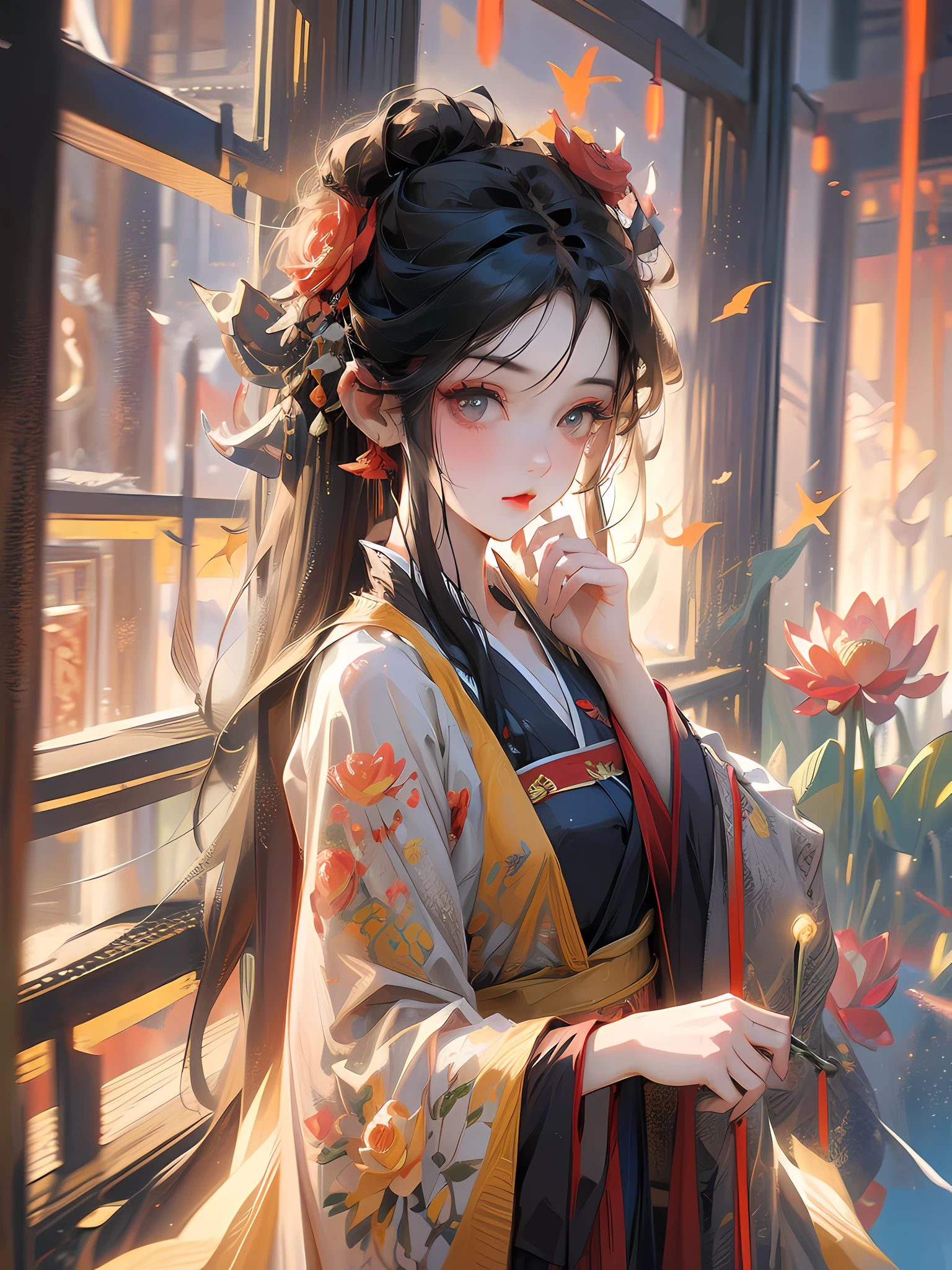 zanhua, Best quality, masterpiece, 1 girl, holding flower, red flower on head, wearing hanfu, in red and white, looking at viewer, flower, black hair, ((lotus)), solo, hair ornament, water, reflection, daylight, cinematic light,
