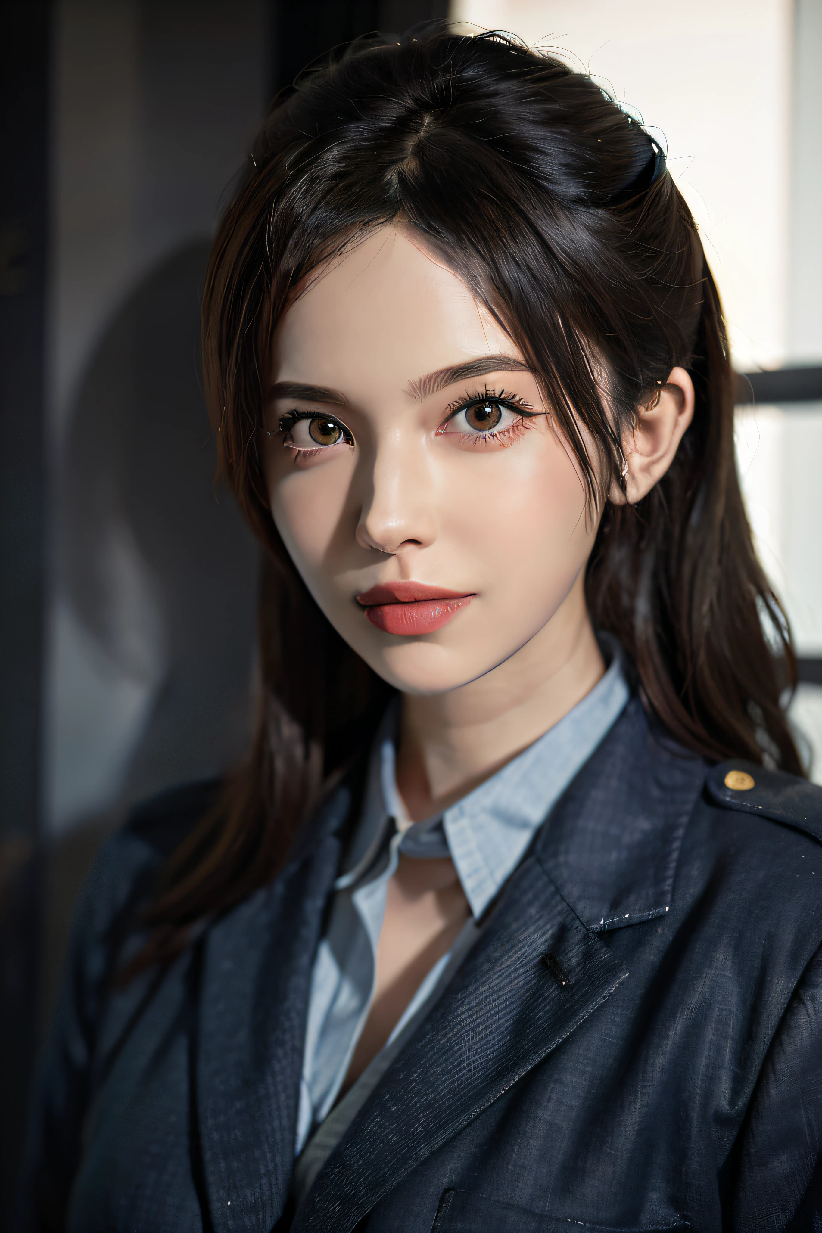 Surrealistic female portraits by David Hockney and Alphonse Mucha, fantasy art, photorealism, dynamic lighting, artstation, poster, volumetric lighting, very detailed faces, 4k, award-winning, 1girl, in the dark, deep shadows, low-key, denim photos, (formal wear: 1.4), long hair, gray hair, bust photos, stunning face, delicate makeup, sexy body, full, look at me, flight attendant suit, military uniform, flight attendant