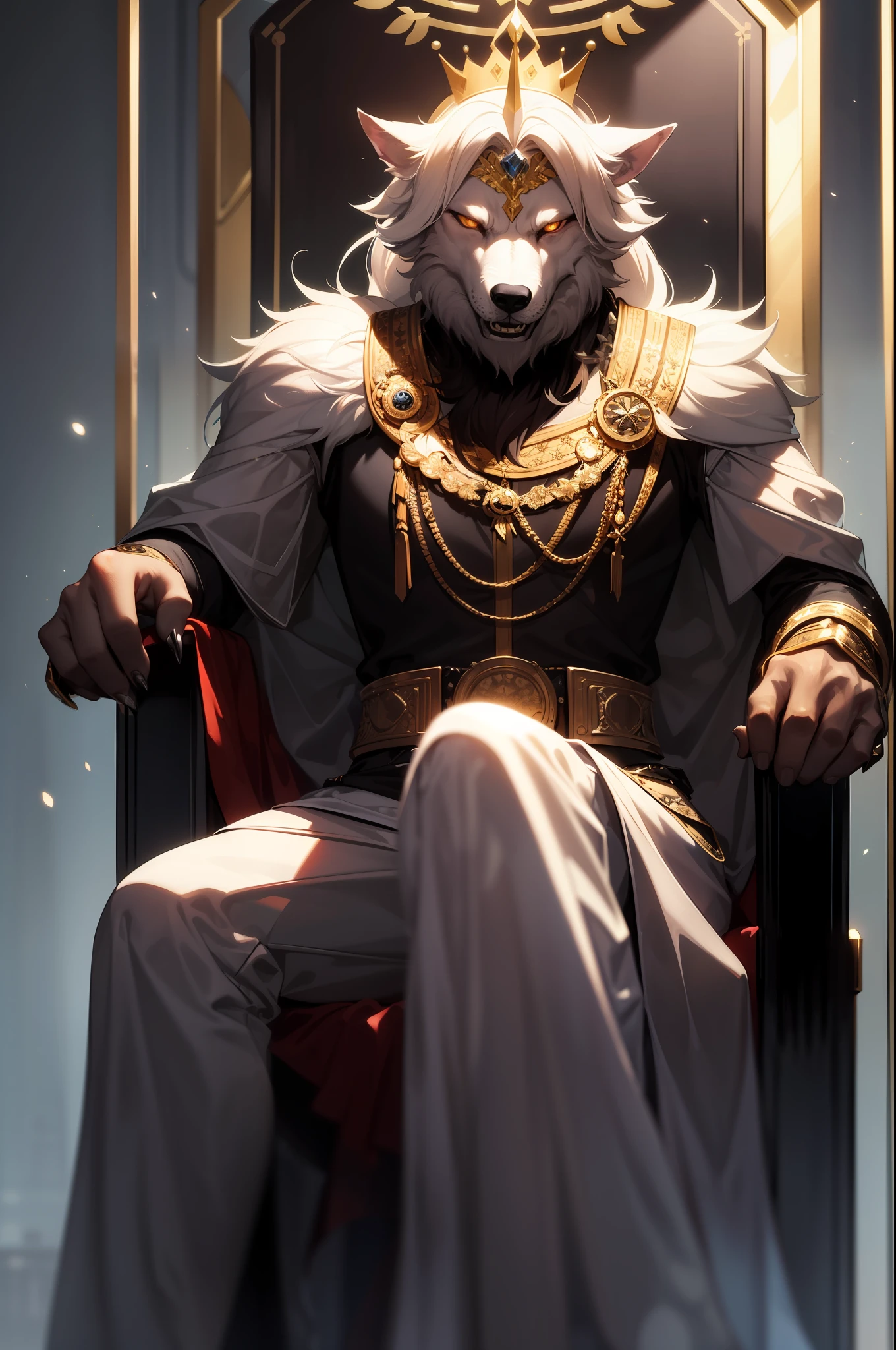 an old Werewolf king sitting on the throne in the heart of The City of Glas, throne is A very humid place full of puddles and leaks, regal, intimidating, ornate armor, regal crown, blurry_background, natural lighting, short twintails hair, looking_at_viewer, solo, highly detailed 8k