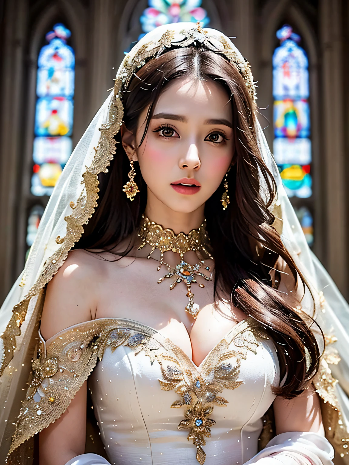 Top Quality, Ultra High Resolution, (Photorealistic: 1.4), Cinema Light, Depth of Field, Beautiful Face, (PureErosFace_V1:0.8), |1 Girl, Fan Bing, Woman in Red Dress and Gold Jewelry, Fan Bing Fashion, Colossal, White Cloak, Intricate Design, Cathedral Background, Extra Long Wavy Brown Hair, RAW, Beautiful Women, (detailed face), (detailed facial features), (fine detailed skin), pale skin, (masterpiece), perfect proportions, realistic photos, ((full shot)), (full body))), (body portrait), ((with bouquet)), ((wearing a veil)), (the hem of the dress is long and dragging))),