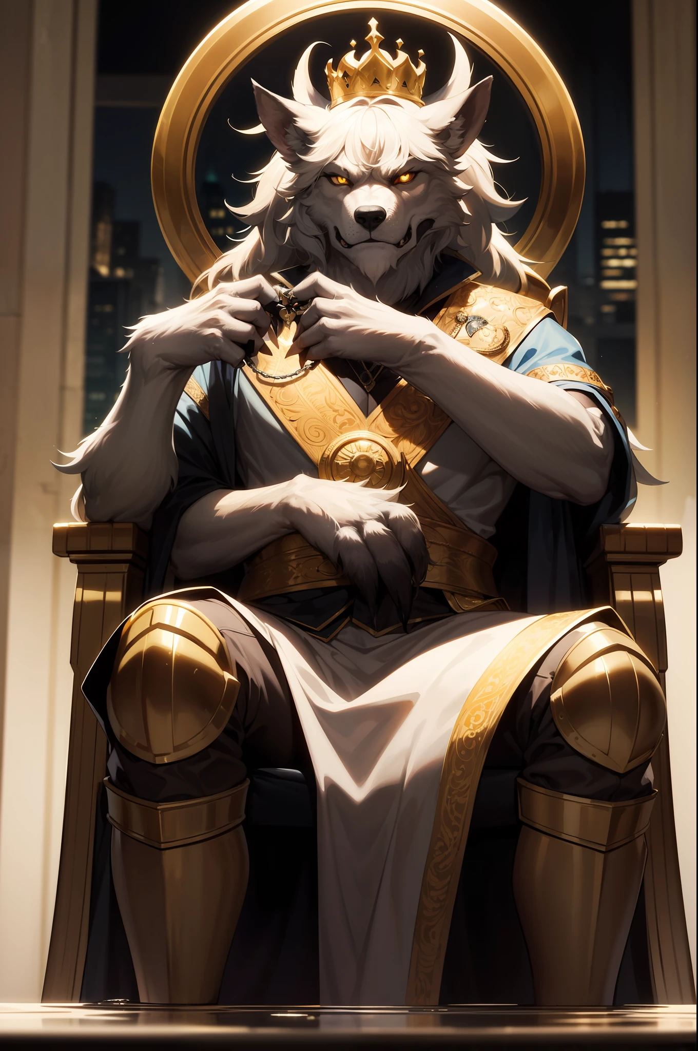 an old Werewolf king sitting on the throne in the heart of The City of Glas, throne is A very humid place full of puddles and leaks, regal, intimidating, ornate armor, regal crown, blurry_background, natural lighting, short twintails hair, looking_at_viewer, solo, highly detailed 8k