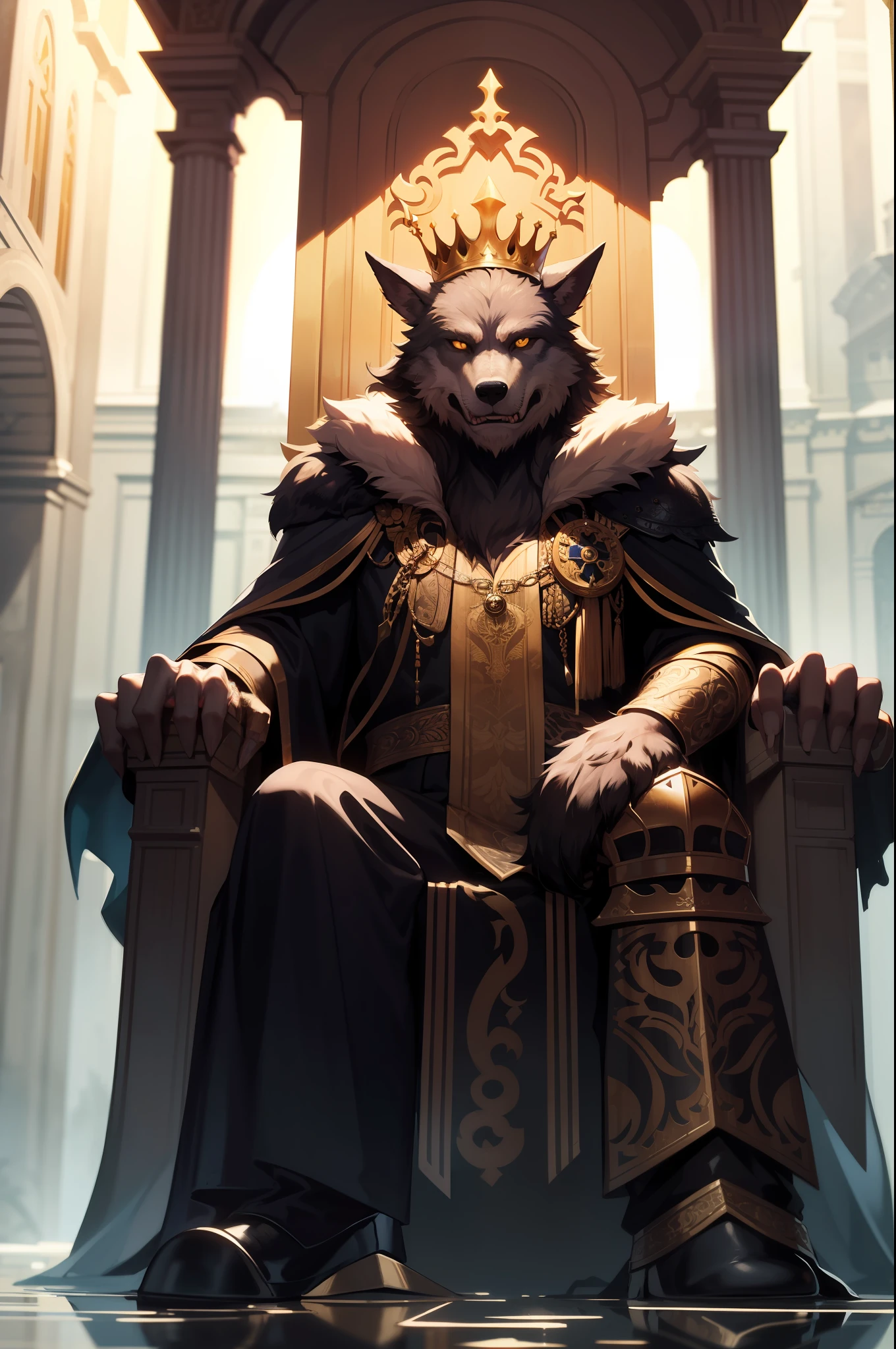 an old Werewolf king sitting on the throne in the heart of The City of Glas, throne is A very humid place full of puddles and leaks, regal, intimidating, ornate armor, regal crown, blurry_background, natural lighting, short twintails hair, looking_at_viewer, solo, highly detailed 8k