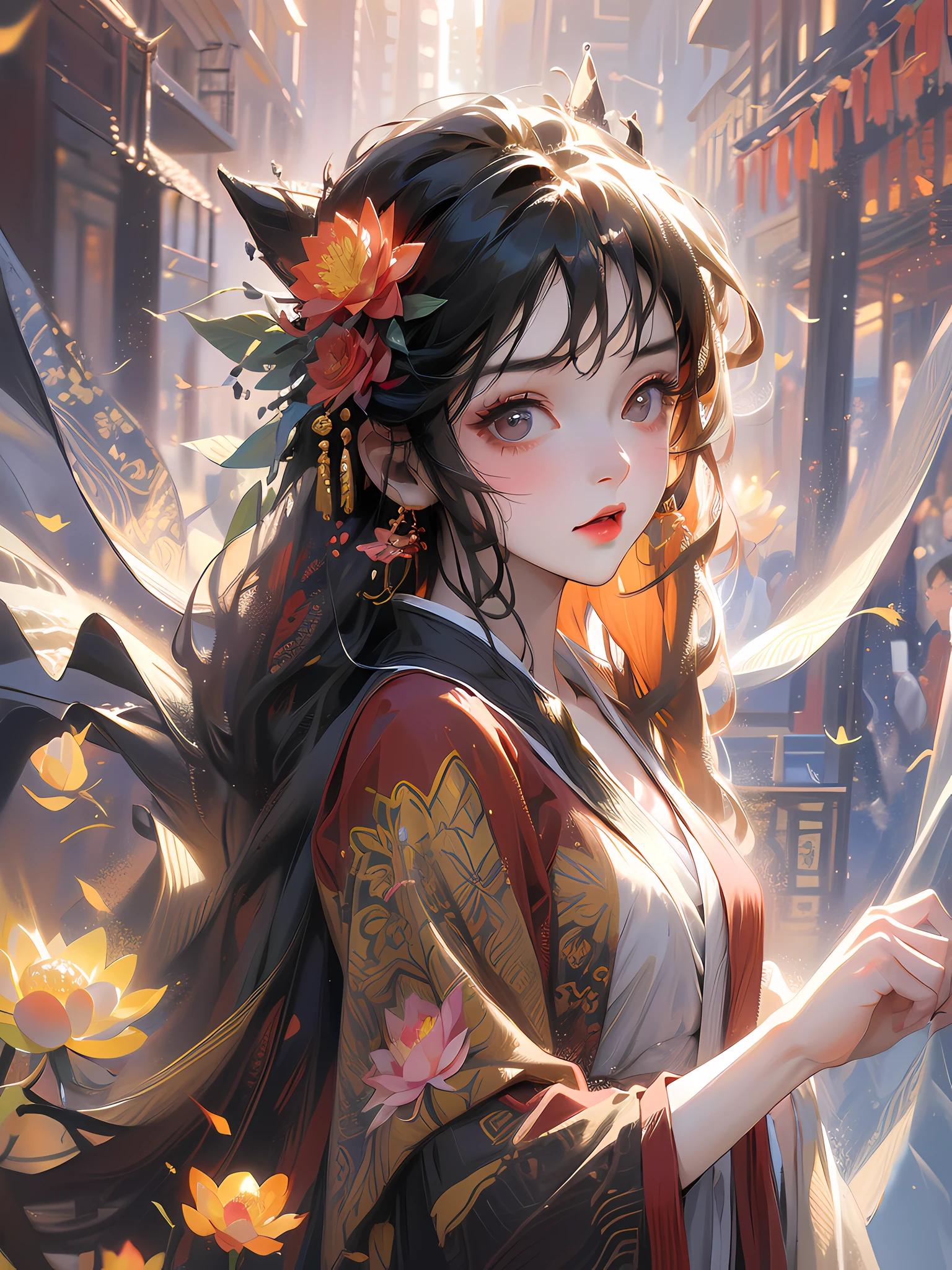 zanhua, Best quality, masterpiece, 1 girl, holding flower, red flower on head, wearing hanfu, in red and white, looking at viewer, flower, black hair, ((lotus)), solo, hair ornament, water, reflection, daylight, cinematic light,