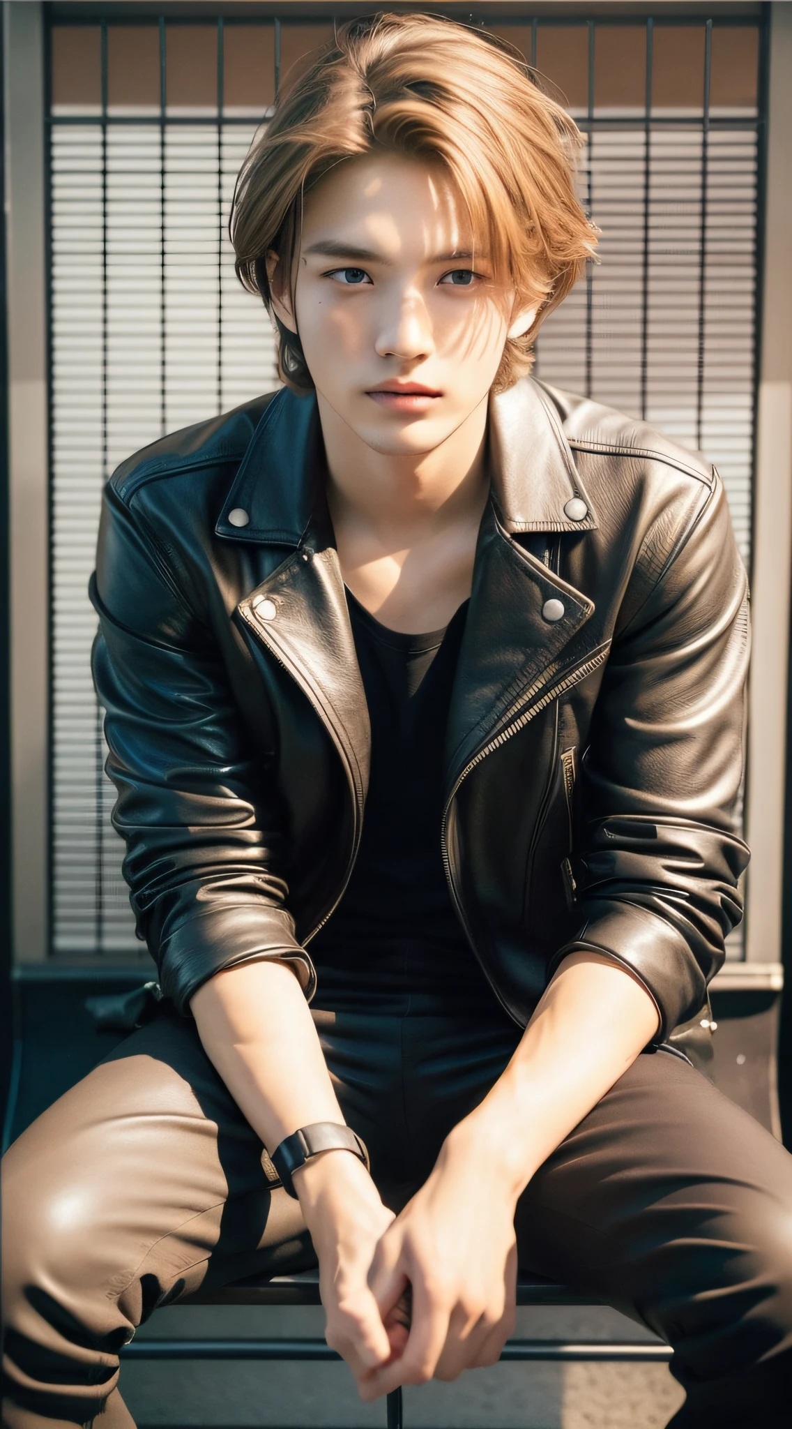 ((Best Quality)), ((Masterpiece)), (Details: 1.4), A handsome 20-year-old Asian man, man, sitting at the bus stop, looking ahead, eyes full of confusion, delicate facial features, perfect facial features, wearing black leather jacket, ray tracing, PBR texture, post-processing, anisotropic filtering, depth of field, maximum sharpness and sharpness, multi-layered texture, albedo and highlight maps, surface shading, accurate simulation of light-material interactions, perfect proportions, hyper-realistic image quality, expressive hair, lonely, Social realism, 4K,blondboy,blondboy