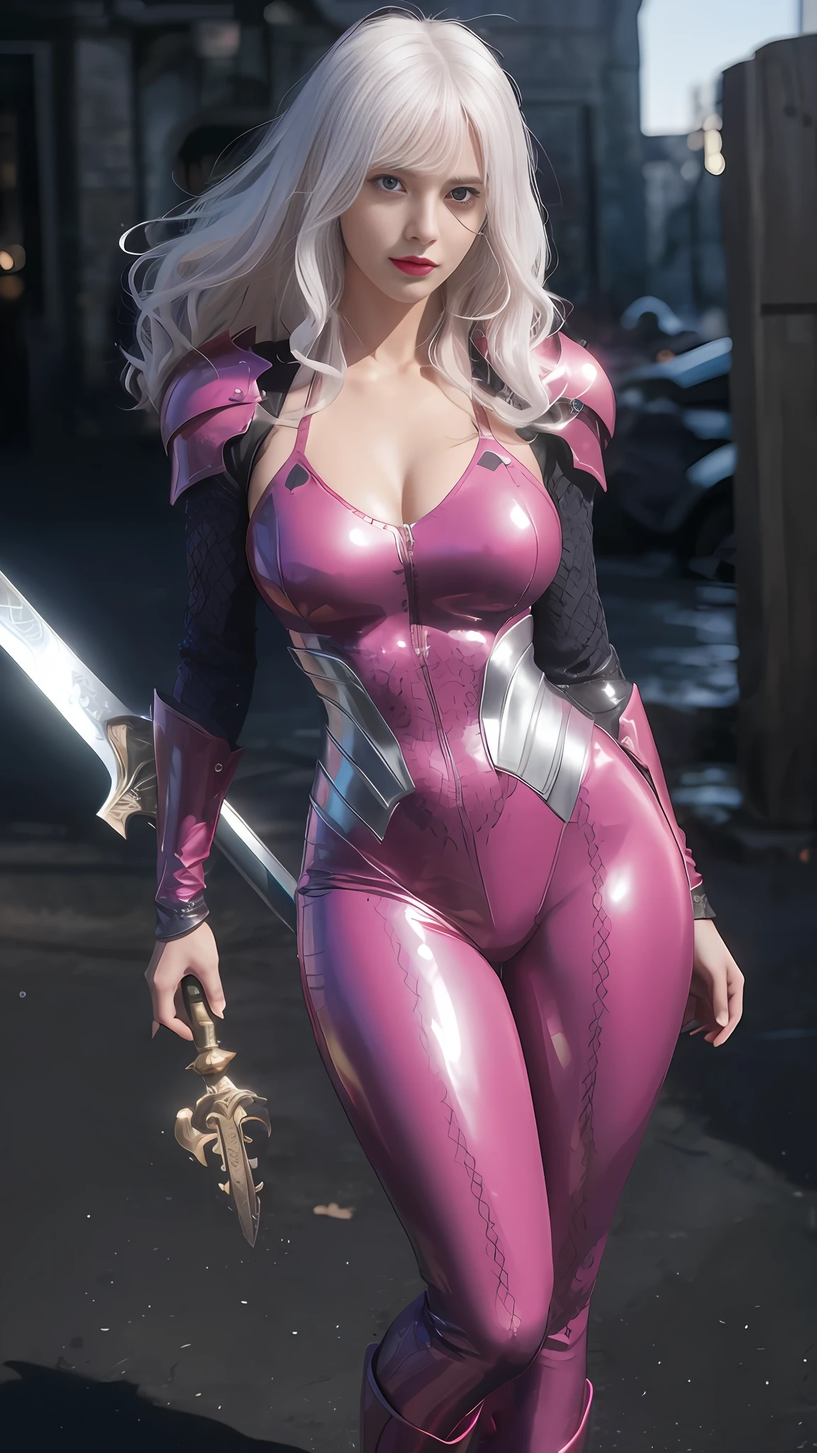 Close-up of a woman holding a sword in a red latex suit, dark eyeshadow, smooth pink armor, lady in red armor, streamlined pink armor, PVC armor, shiny plastic armor, wearing witch's blade armor, sharp silver armor fuchsia skin, silver armor and red clothes, bikini armor female knight, armor girl, stunning armor, Amiras as a supervillain