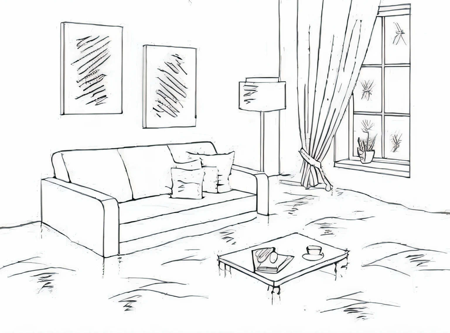 a sketch of a living room with a couch and a coffee table, in a living room, an interior of room, location in a apartment, the living room, black and white illustration, anxiety environment, black and white drawing, living room background, in a room, stock illustration, coloring book page, flat drawing, realistic line drawing, couches melting, dirty apartment