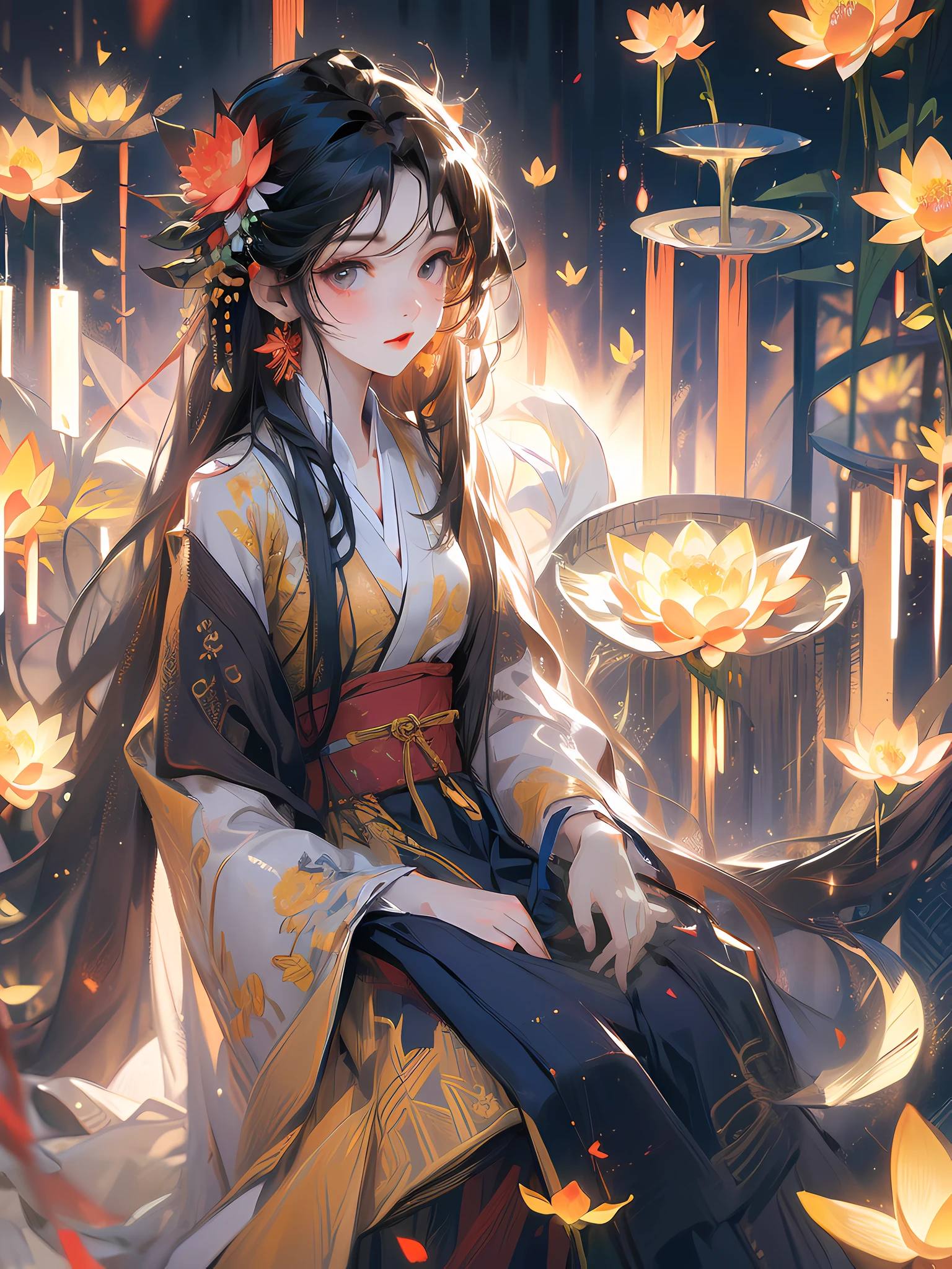 zanhua, Best quality, masterpiece, 1 girl, holding flower, red flower on head, wearing hanfu, in red and white, looking at viewer, flower, black hair, ((lotus)), solo, hair ornament, water, reflection, daylight, cinematic light,