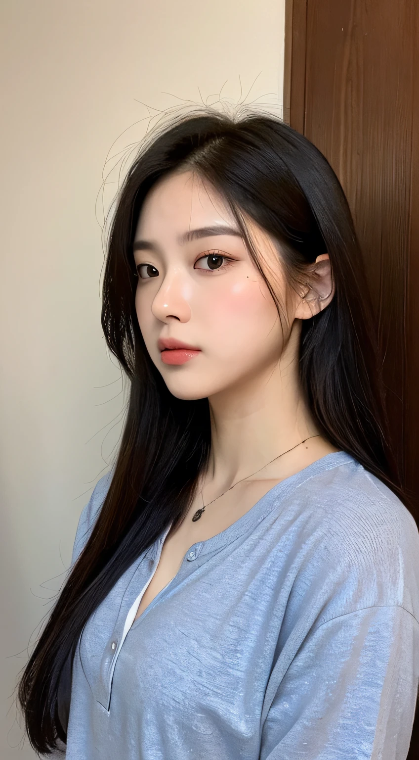 ((Top quality, 8k, Masterpiece: 1.3)), beauty, hidden face, 1 girl, beauty: 1.3, slender abs: 1.1, (large men's black shirt loose: 1.4) exposed, full chest, long black hair, ultra-detailed face, highly detailed lips, detailed eyes, double eyelids, strict head and body ratio: 1.5,
