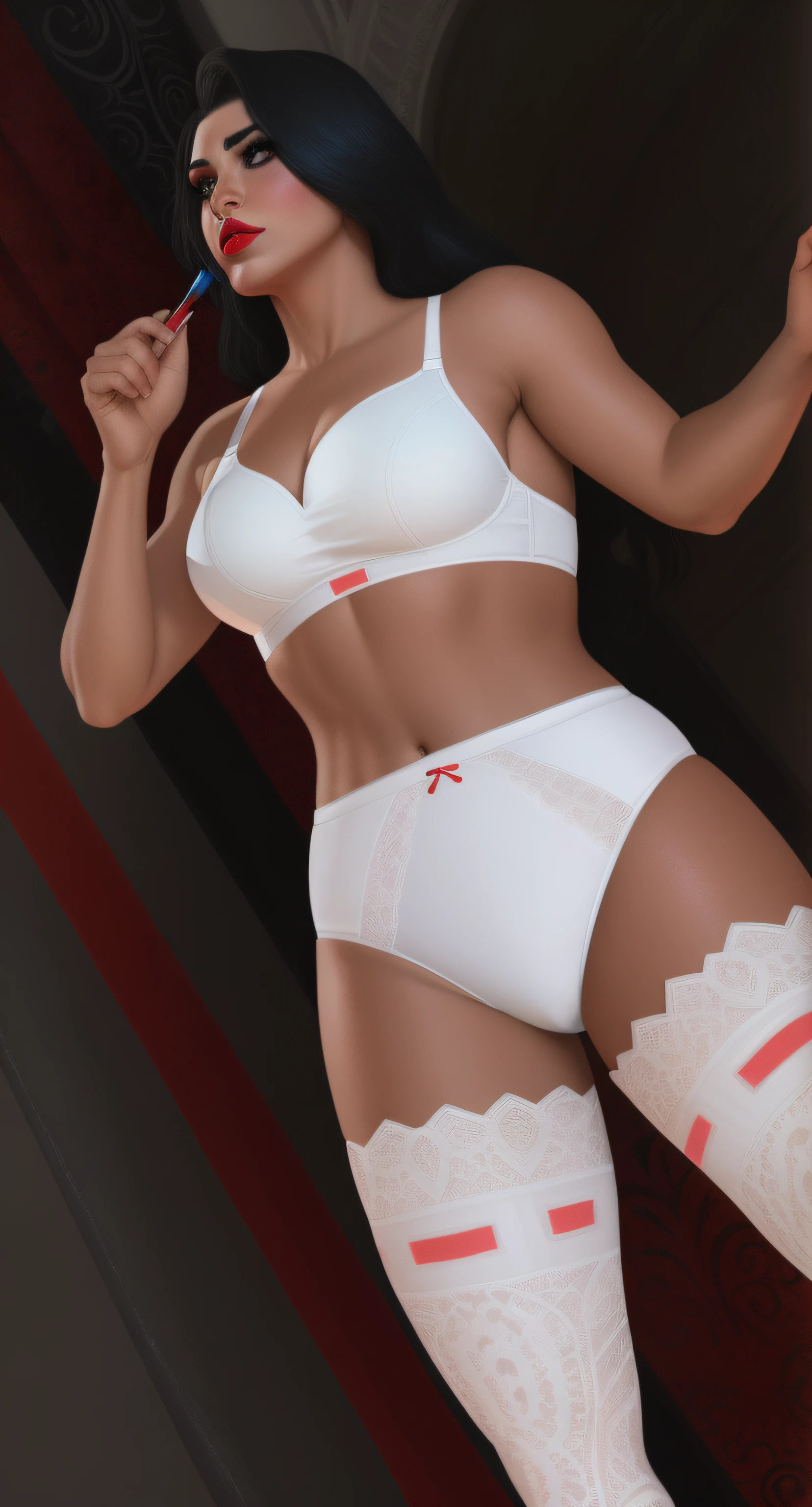 Curvy Hispanic female wrestler, in fancy white bra, fancy white cotton panties, fancy white high stockings, applying makeup and lipstick, comic book art style, intricate details