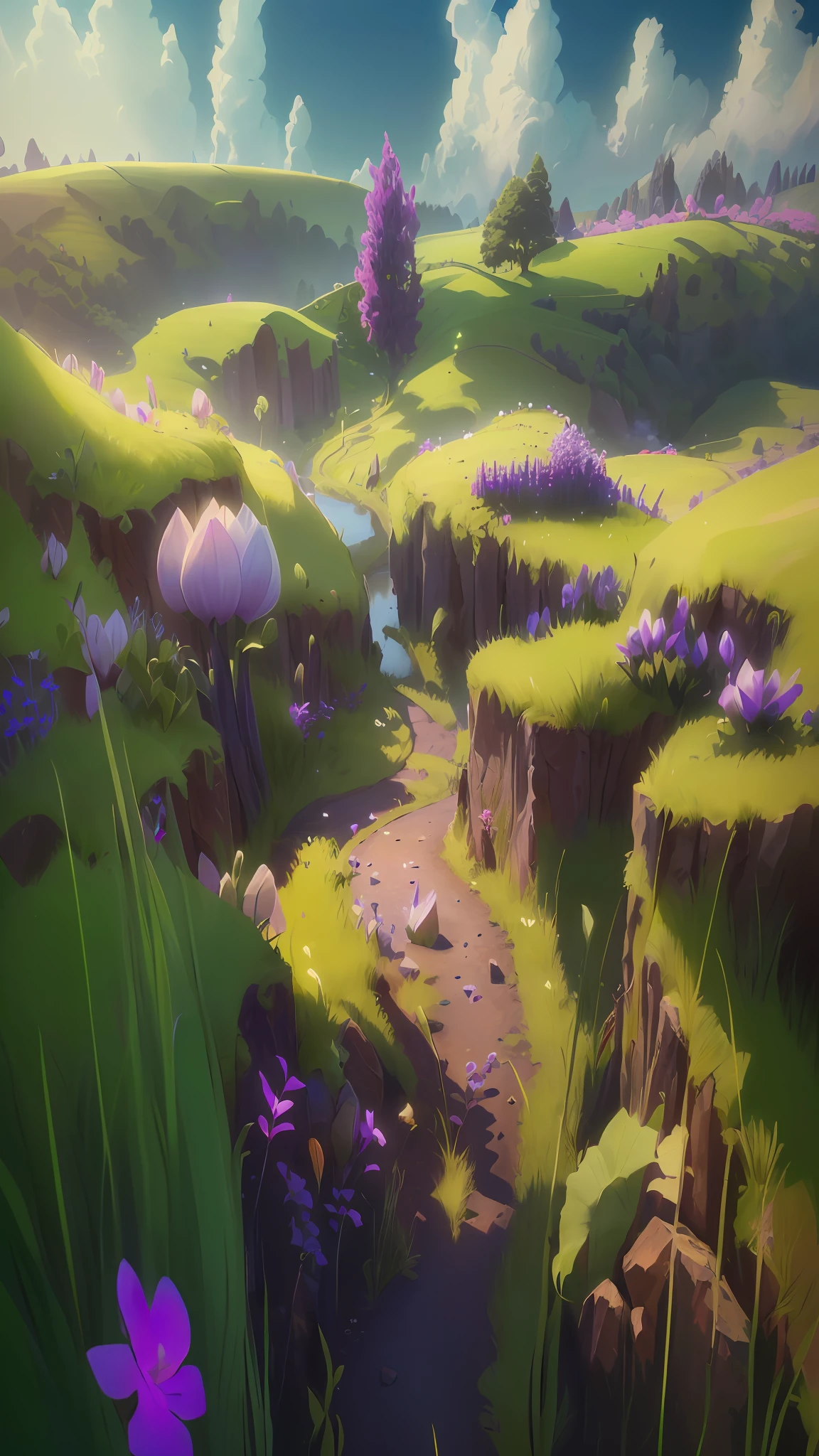 Winding paths in the countryside, big clouds, blue sky, rice fields, neat rice seedlings in fields, forest, hillside, secluded, countryside, HD detail, hyper detail, movie, surrealism, soft light, deep field focus bokeh, ray tracing. --v6