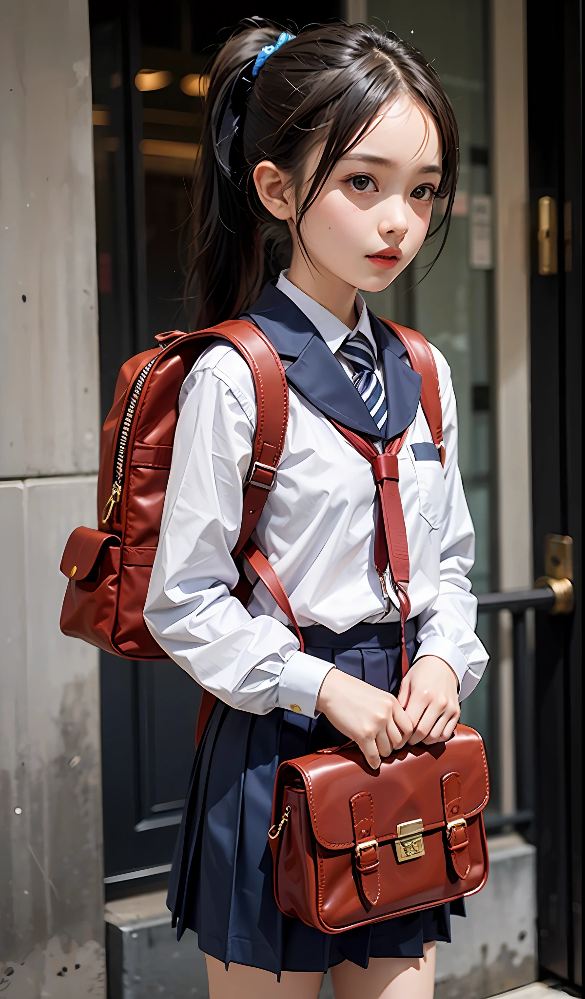 An eight-year-old girl, red schoolboy backpack, cute school uniform, animal hanging, ponytail, flowers,