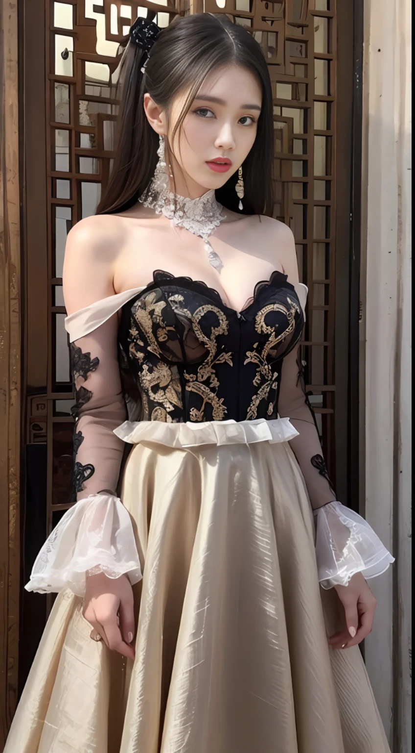 A dress with a Chinese style that does not leak the chest The skirt does not open the lace element at the neckline and lace elements at the cuffs Dark pattern is a traditional moire pattern, details such as pleats, embroidery, beads, silk, crepe, knee-length or long dress, and a dress with bows or flowers at the waist or neckline