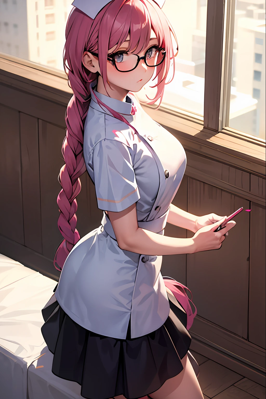 masterpiece, best quality, 1 girl, long hair, glasses, nurse, hentai, boredom, braids,