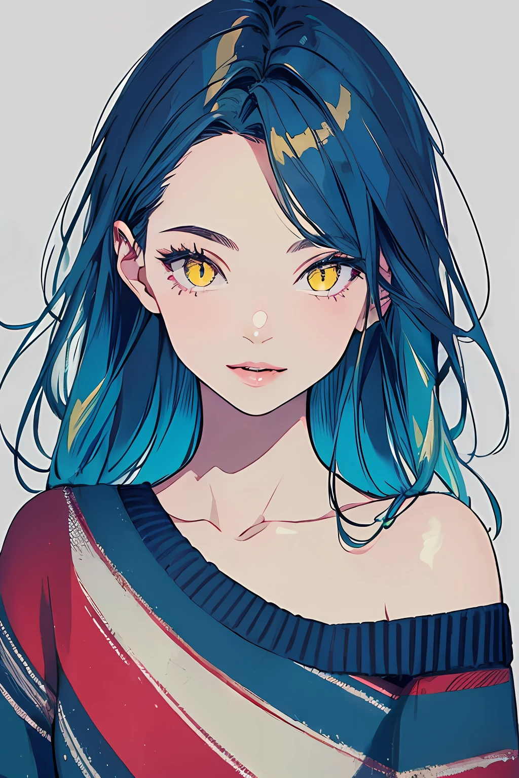 (masterpiece, top quality, best quality, official art, beautiful and aesthetic:1.2),
cateyes,1girl, solo, long hair, sweater, smile, yellow eyes, looking at viewer, blue hair, grey background, off shoulder, upper body, bare shoulders,
extreme detailed,highest detailed, optical mixing, playful patterns, lively texture, unique visual effect
