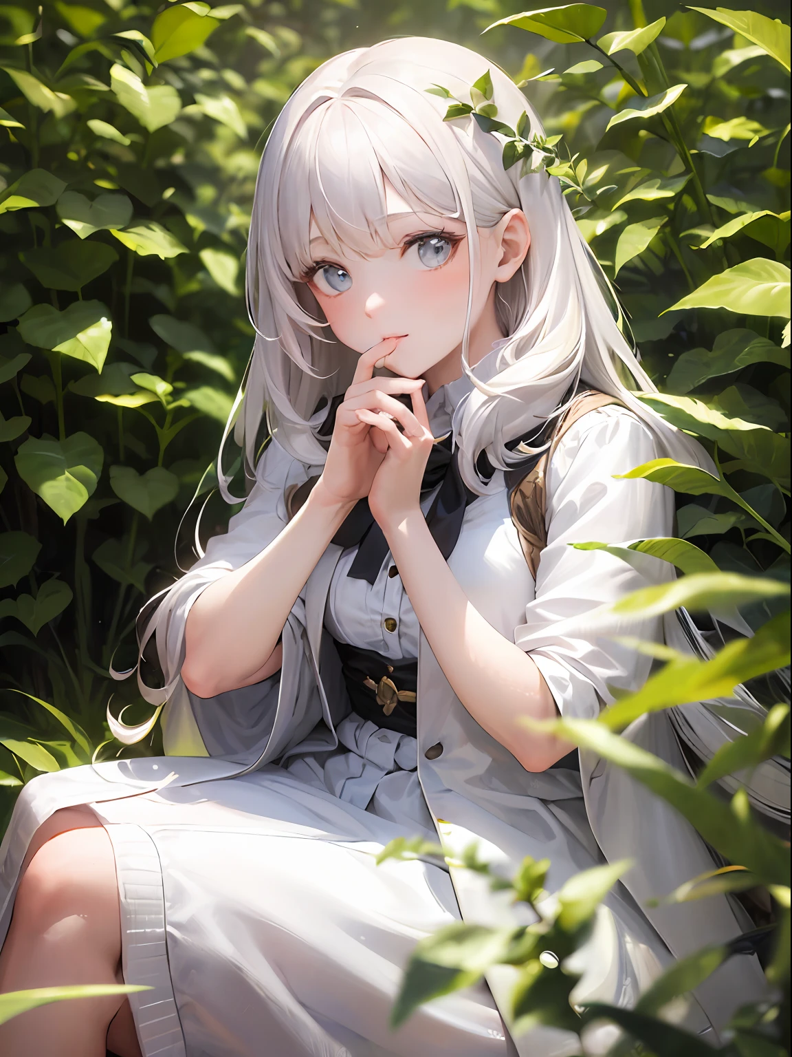 (masterpiece, best quality),1girl with long white hair sitting in a field of green plants and flowers, her hand under her chin, warm lighting, white dress, blurry foreground.