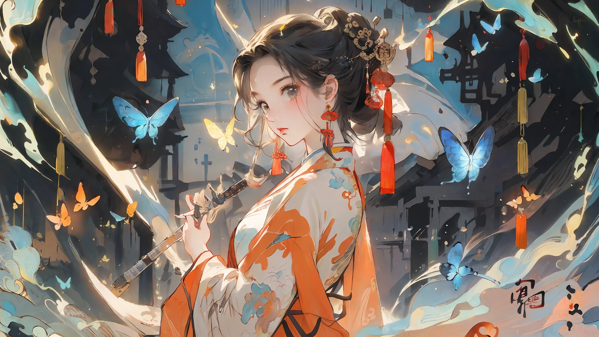 (best quality), a girl, butterfly, flying, upper body, oriental detailed background, clouds, scenery, pond, village, mountains and rivers, chinese style, clouds, chinese style texture, elegant, painted, ((chinese color ink)), (chinese color ink painting style))), (masterpiece))), (best quality))), ((super detailed, very precise detail)) , (gone with the strings), (illustrations), (stunning), (absurd), (( sharp focus)), ((very fine)), ((high saturation)), (surrounded by splashes of colored ink), ((colorful), light color,