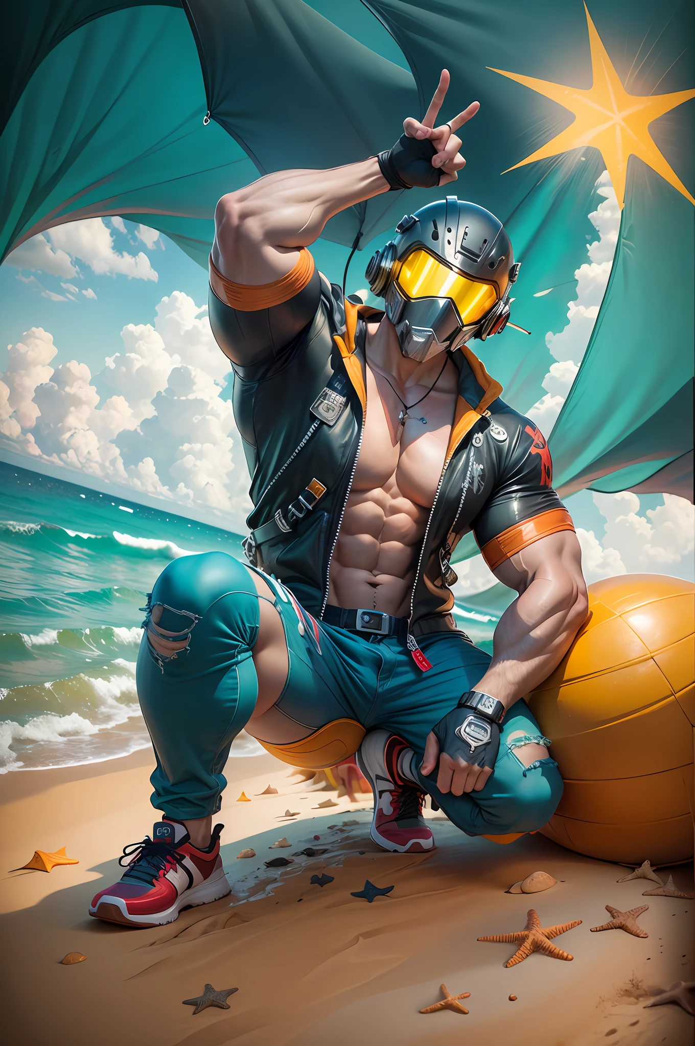 (masterpiece, high quality, 8K, full body) male, muscular male, muscle detail, biceps, huge biceps, abs, faceless, faceless male, masked, helmet, cyberpunk mask, cyberpunk helmet, helmet covering all of face, on helmet, beach shirt, shortpants, casual shoes, socks, gloves, peace finger, dynamic pose, squat pose, beach background background , alone