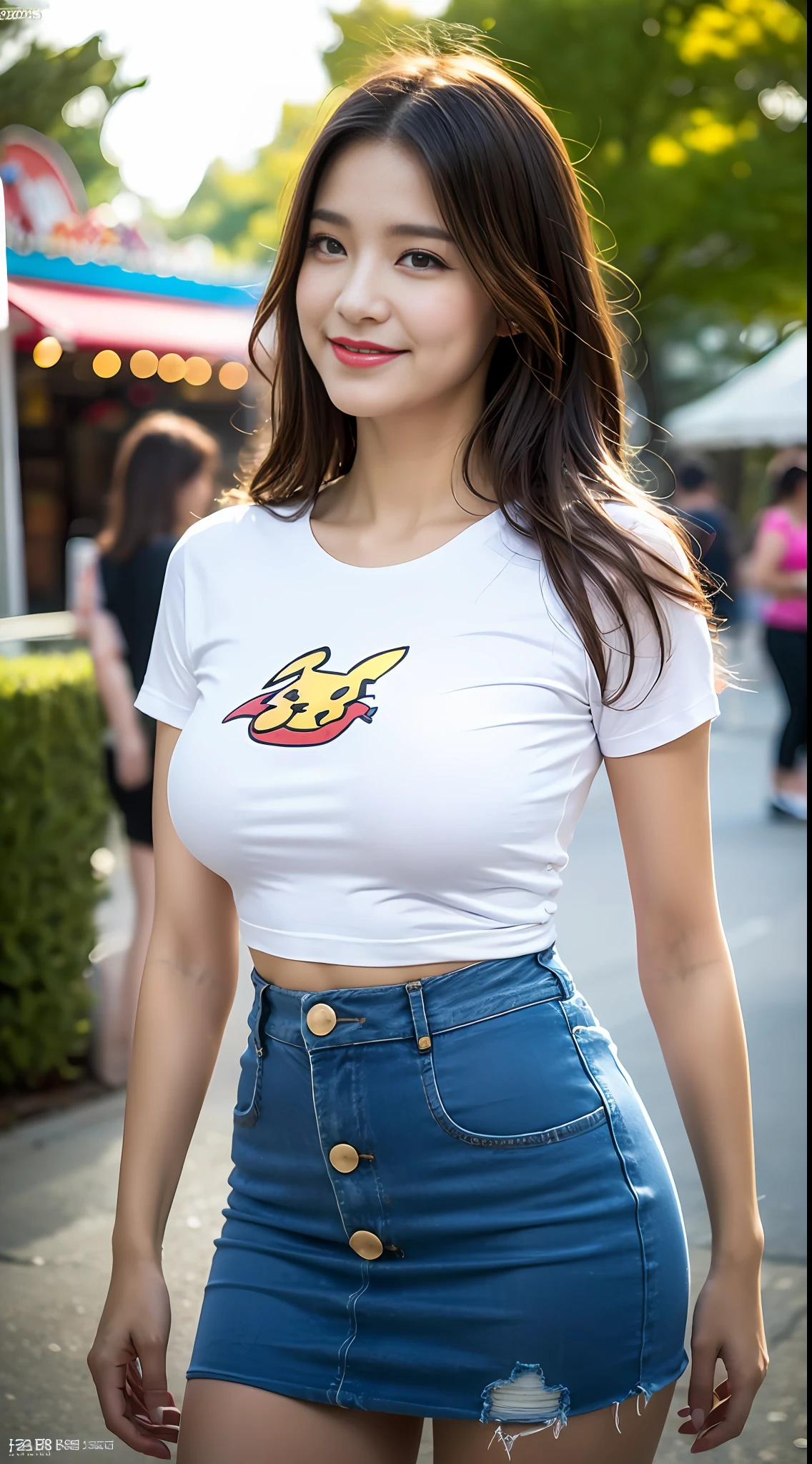 1girl, (best quality, masterpiece, ultra high resolution), (photorealistic:1.3), (realistic:1.3), depth of field,, (closed mouth), (light smile:1.2), (expressive hair:1.2), (floating hair:1.2), upper body, (large breasts), (breasts focus), yellow shirt, pikachu costume, pikachu, pika/(t-shirt/), (button), (pencil skirt:1.2), soft light,busty, vivacious and seductive, (only one girl:1.2), (outdoors:1.3), (road:1.2), (street:1.2), (trees:1.2), (amusement park:1.2),(standing:1.2), (slender), (slender legs), (long legs:1.3), shiny skin, nose blush, (facing viewer),