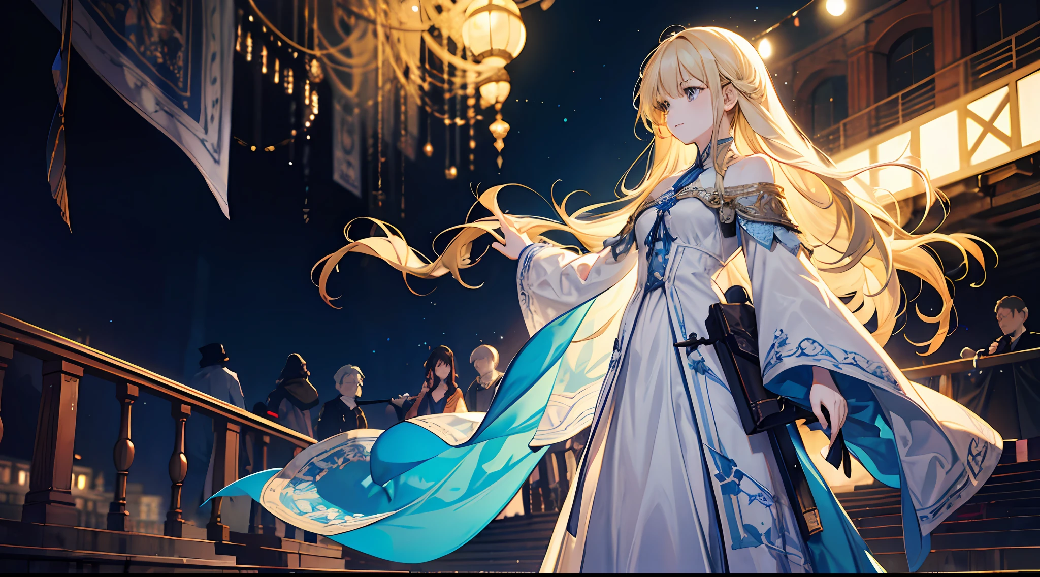A , beautiful, otherworldly, elegant, full body, long blonde hair, simple dress, white and blue long dress, standing on the stage, (Western-style medieval town), gentle, extreme details, crowd in the audience