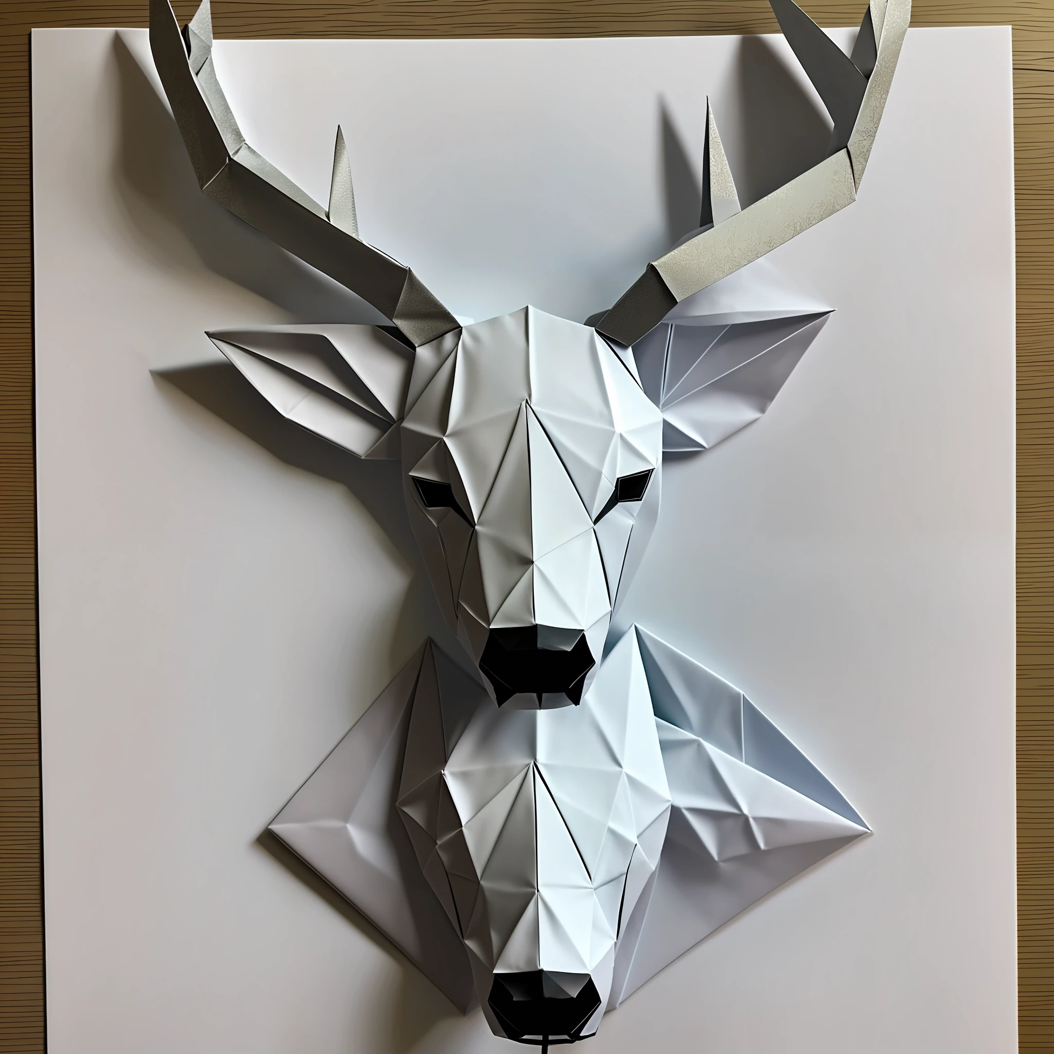 Design an origami deer head with front, symmetry, platinum texture, simple lines.
