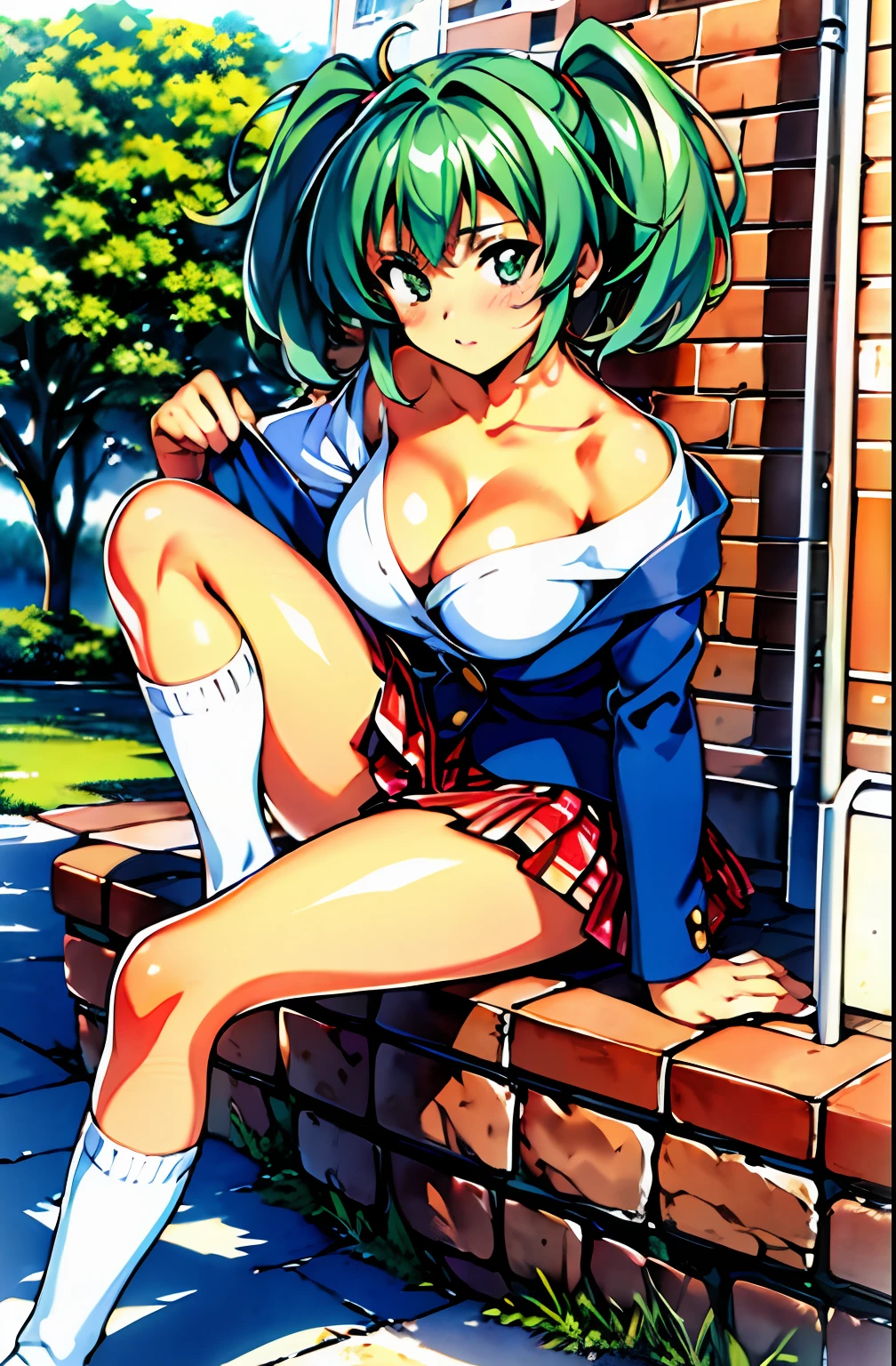 ((masterpiece,best quality, detailed)), 1girl, solo, outdoors, street,
ryofu housen, blazer, plaid skirt, loose socks, loafers, white socks, cleavage,
takada akemi, painting \(medium\), retro artstyle, traditional media, watercolor \(medium\), 1980s \(style\),