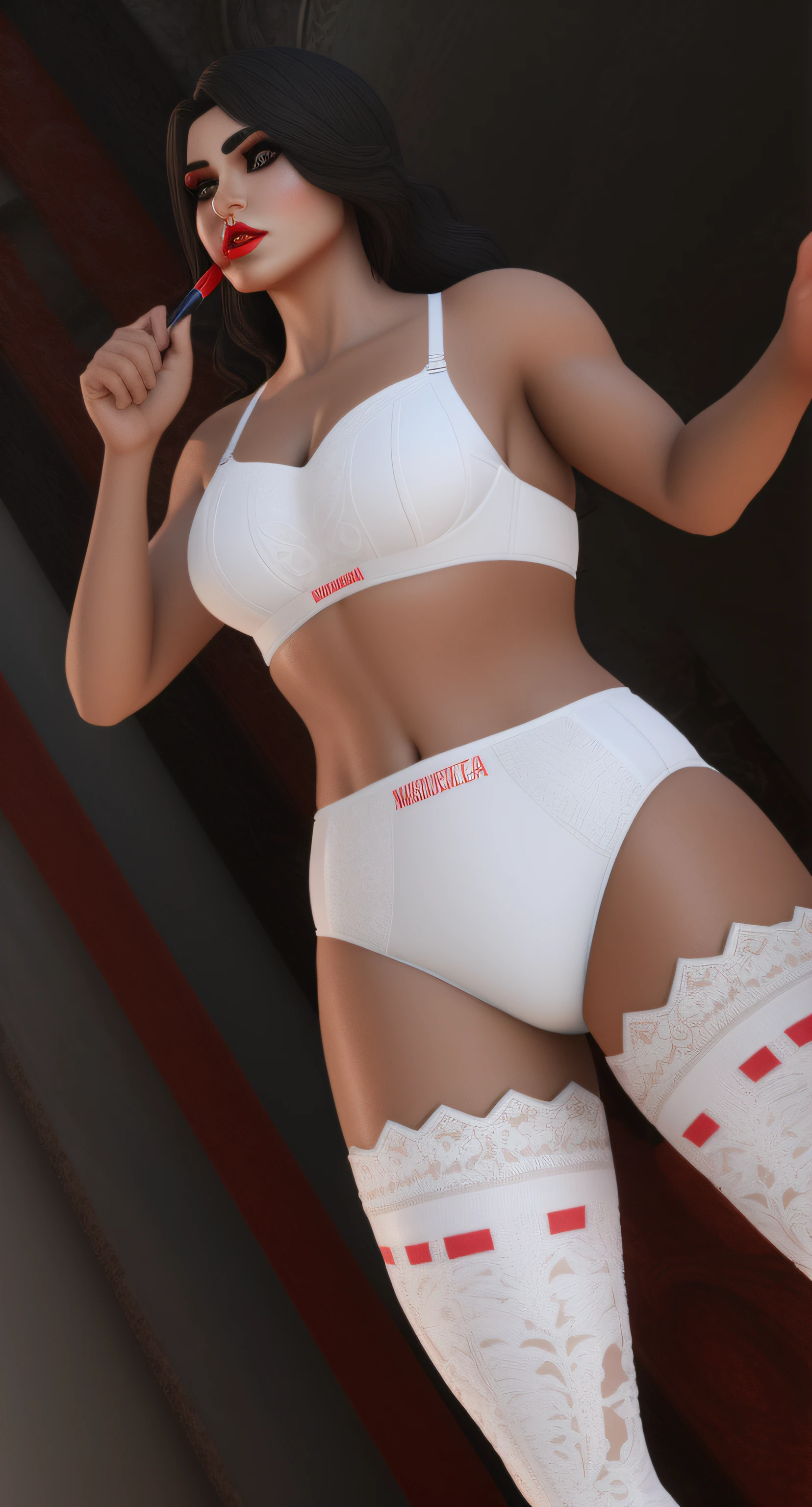Curvy Hispanic female wrestler, in fancy white bra, fancy white cotton panties, fancy white high stockings, applying makeup and lipstick, realistic 3D game model, intricate details
