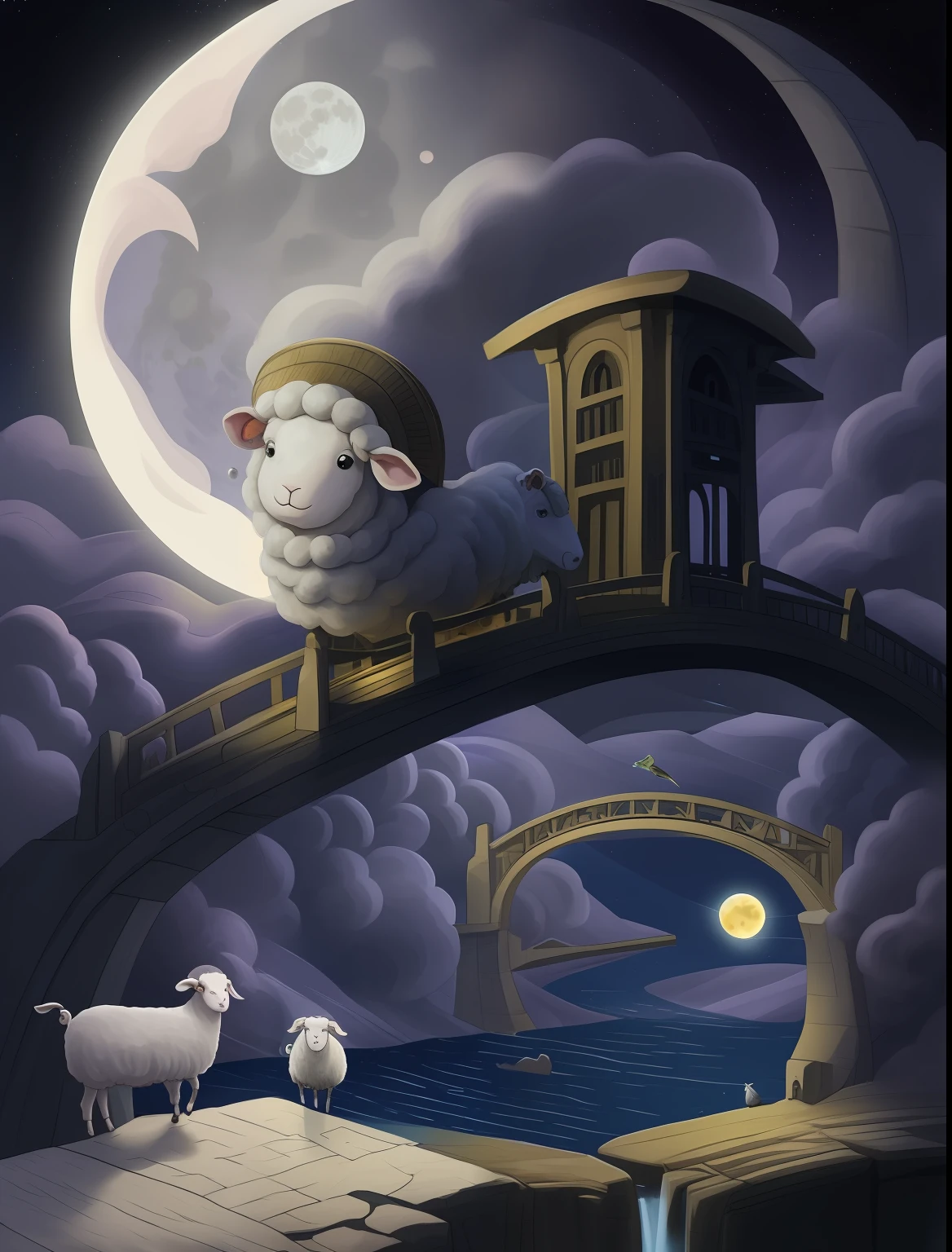 The sheep notices that the moon is very beautiful and waves his hand because he wants to see the moon. In order to feel the connection with the moon, a hand with a mysterious power is waved, and a bridge of light appears symbolizing the connection with the moon.