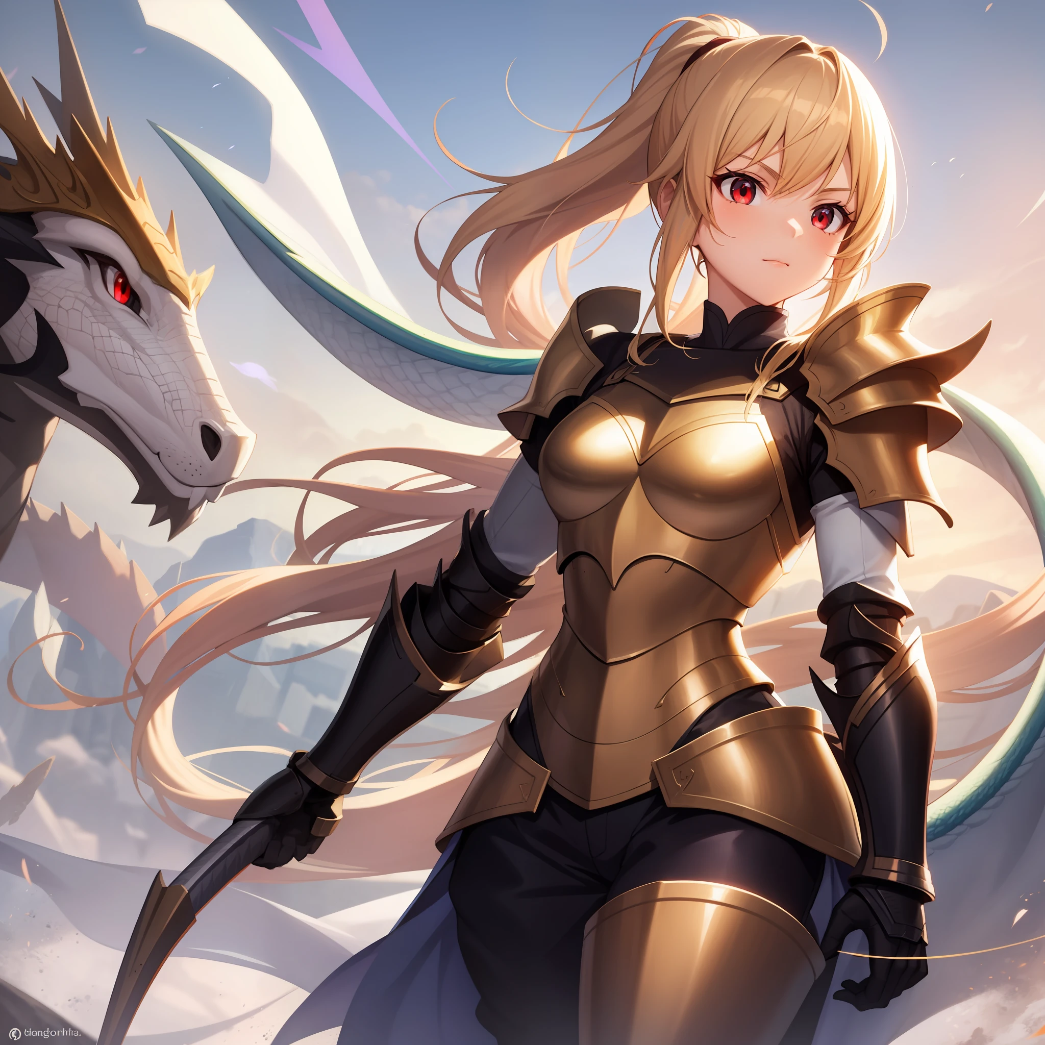 anime, girl single, blonde, red eyes, solo, armor, dragon, ponytail