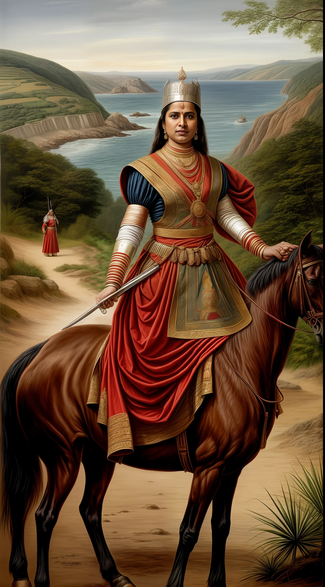 A picture of warrior queen Rani Abbakka Chowta in traditional 16th-century indian battle attire, defending her kingdom against Portuguese forces, 16th-century, Indian coastal region, realistic style, hdr, realistic style