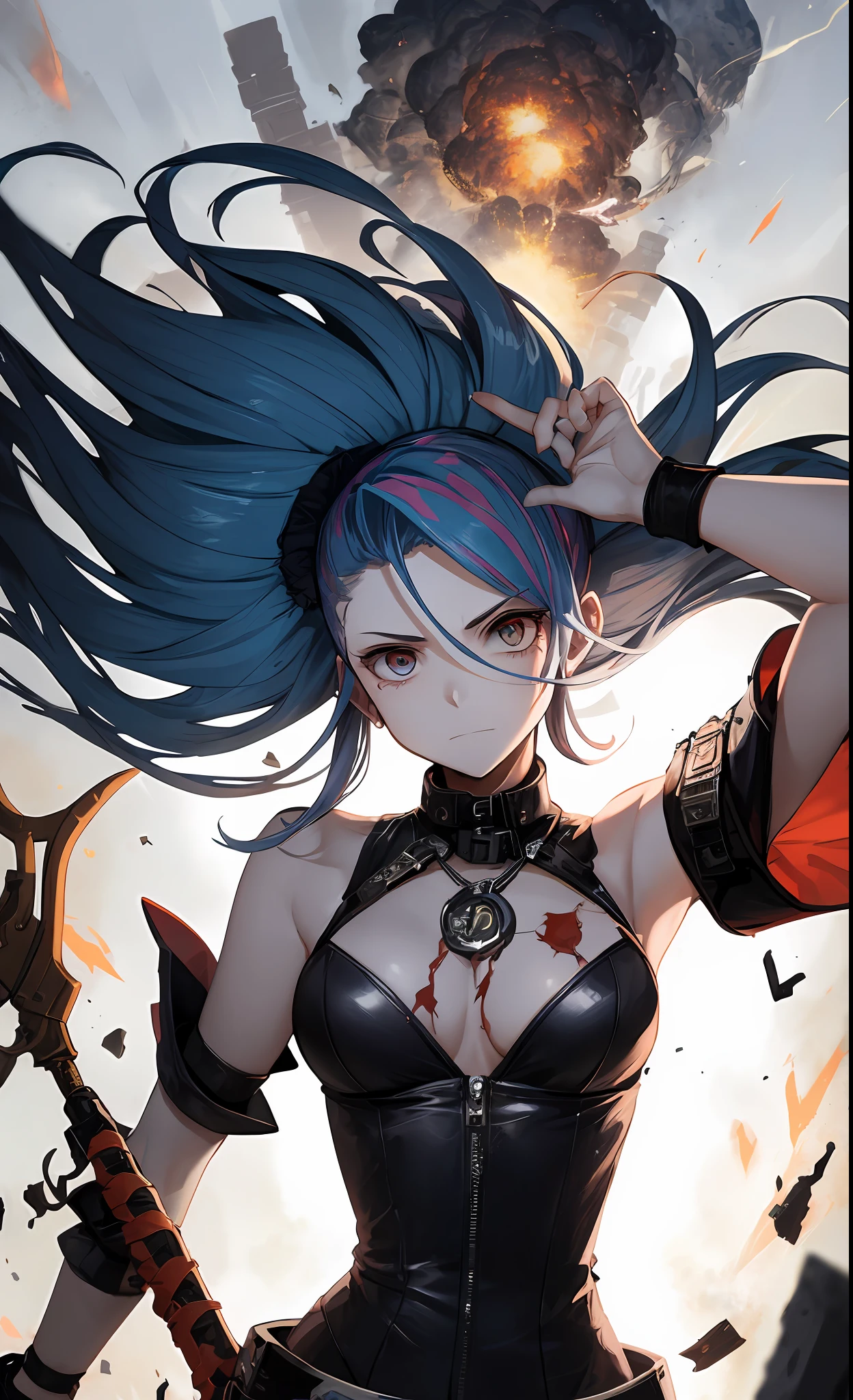 Masterpiece, best quality, an impulsive and manic criminal of Zaun, Jinx lives to spread chaos without worrying about the consequences. With an arsenal of deadly weapons, she detonates the loudest and most luminous explosions to leave a trail of destruction and panic wherever she goes, monochromatic, intense, melancholy, sadness, destruction