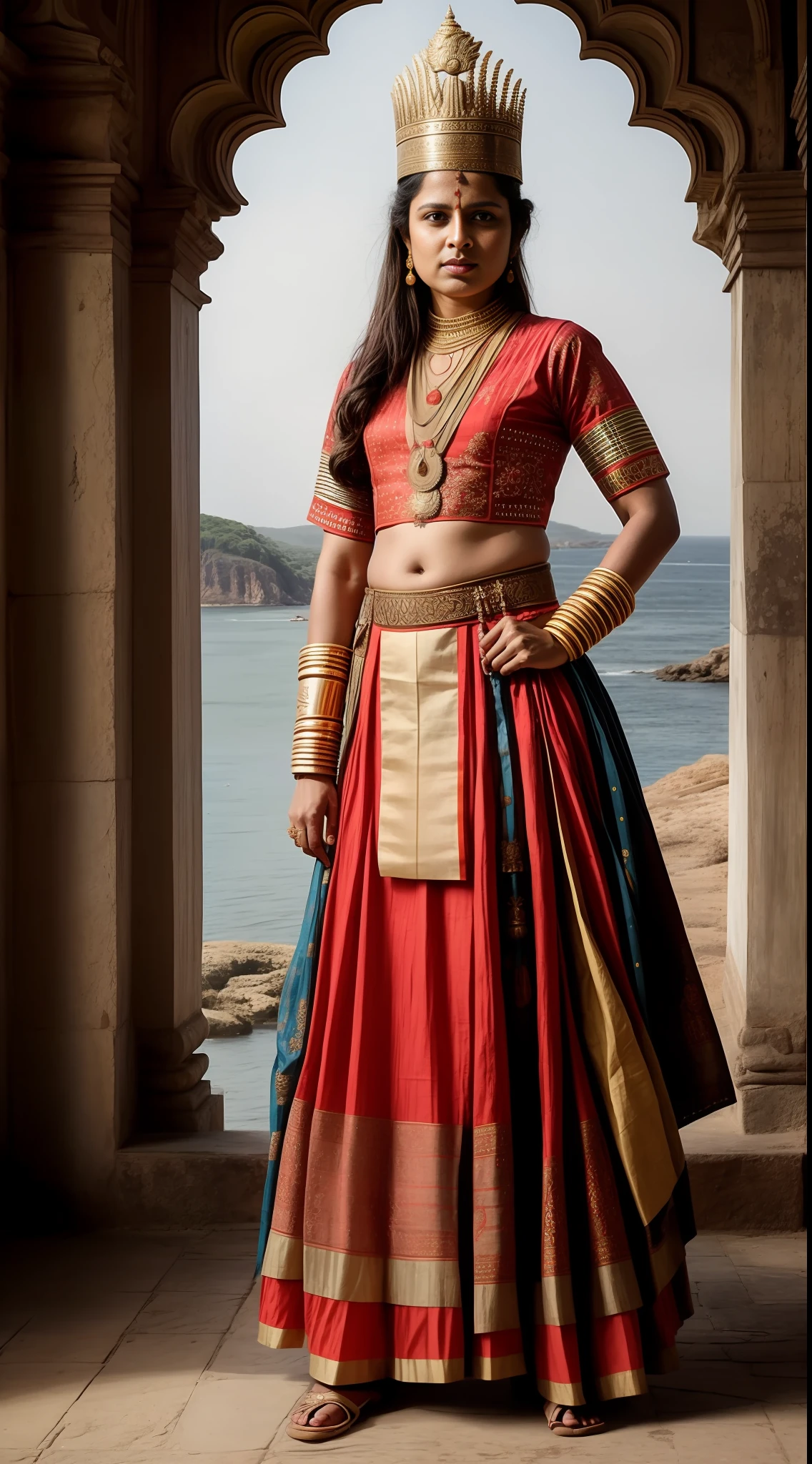 A picture of warrior queen Rani Abbakka Chowta in traditional 16th-century indian battle attire, defending her kingdom against Portuguese forces, 16th-century, Indian coastal region, realistic style, hdr, realistic style