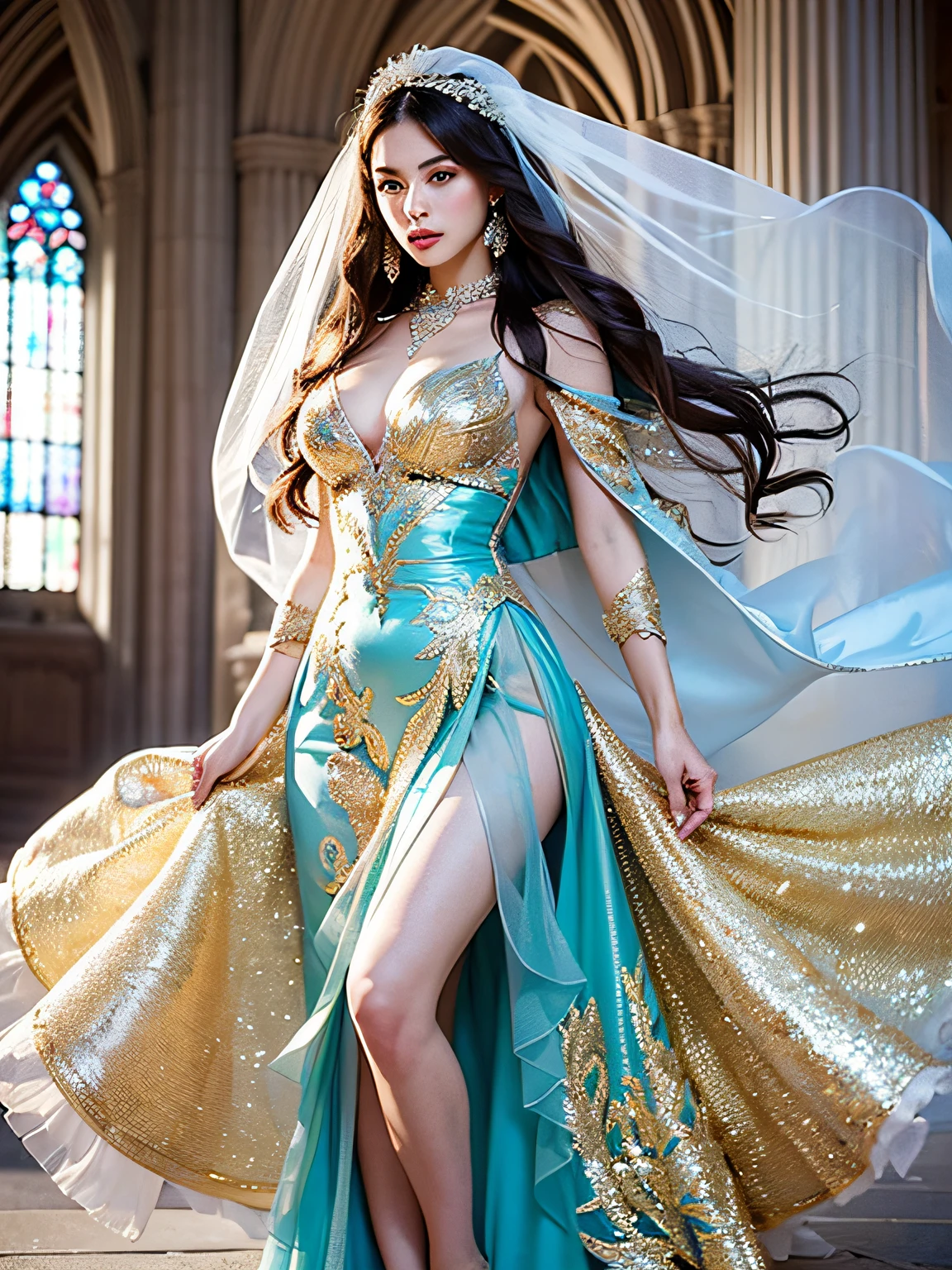 ((Full shot)), (Full body))), highest quality, ultra high resolution, (photorealistic: 1.4), cinema light, depth of field, beautiful face, (PureErosFace_V1: 0.8), |1 girl, fan binging, woman in blue dress and gold jewelry, (((hem of the dress is long and dragging)), fan bin fashion, huge, white cape, intricate design, cathedral background, brown hair with extra long waves, RAW, beautiful woman, (detailed face), (detailed facial features), (fine detailed skin), pale skin, (masterpiece), perfect proportions, realistic photo, ((full shot)), (full body))), (body portrait), ((with bouquet)), ((wear veil)), ( The hem of the dress is long and dragging))),
