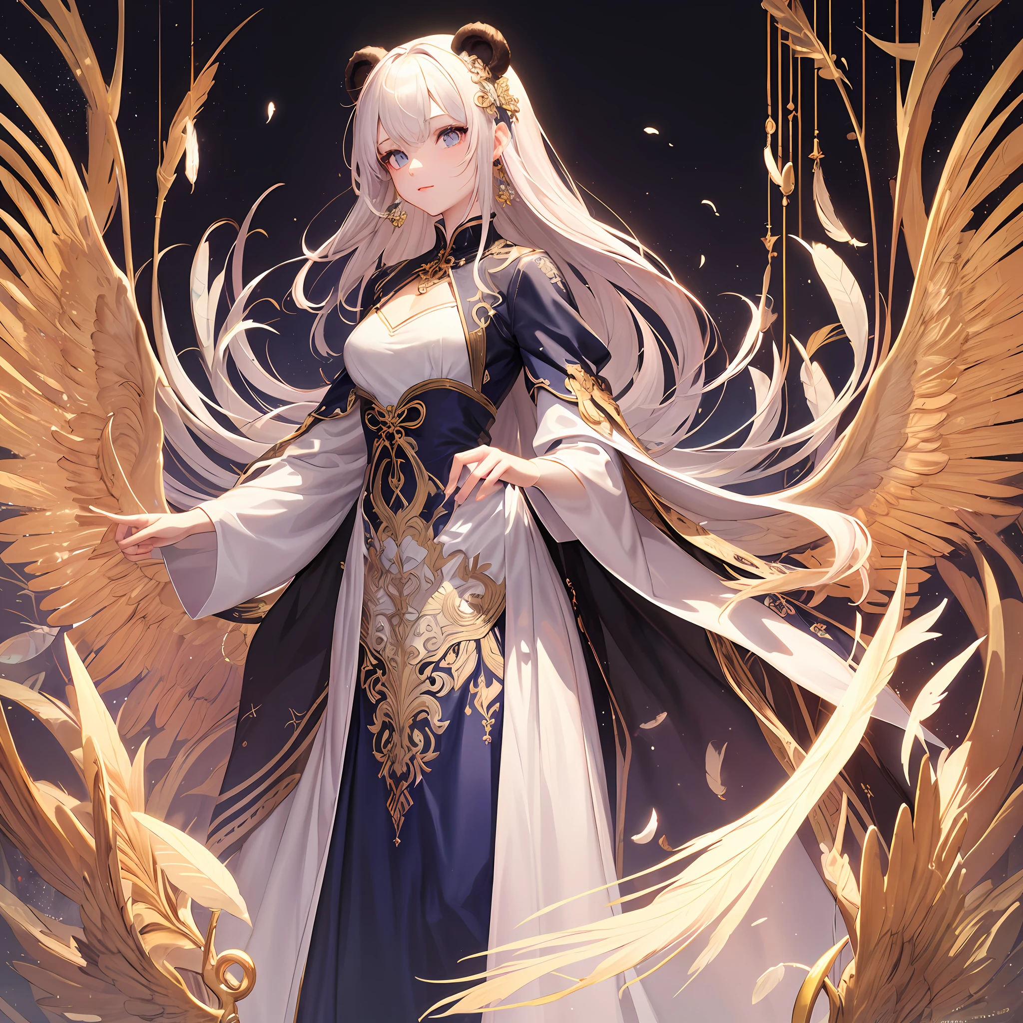 (Masterpiece, Top Quality, Best Quality, Official Art, Beautiful and Aesthetic: 1.2), (1 Girl: 1.3), Very Detailed, White (Fractal Art: 1.1), (Flower: 1.3), Supreme Detail, (Zentangle: 1.2), (Dynamic Pose), (Abstract Background: 1.3), (Glossy Skin), (Many Colors: 1.4), (Earrings), (Feathers: 1.5), (Magic Effects: 1.3) stars, long dress sleeves, long hair, wrapped in light, vivid background, phoenix dress, vivid eyes, panda ears, morning light