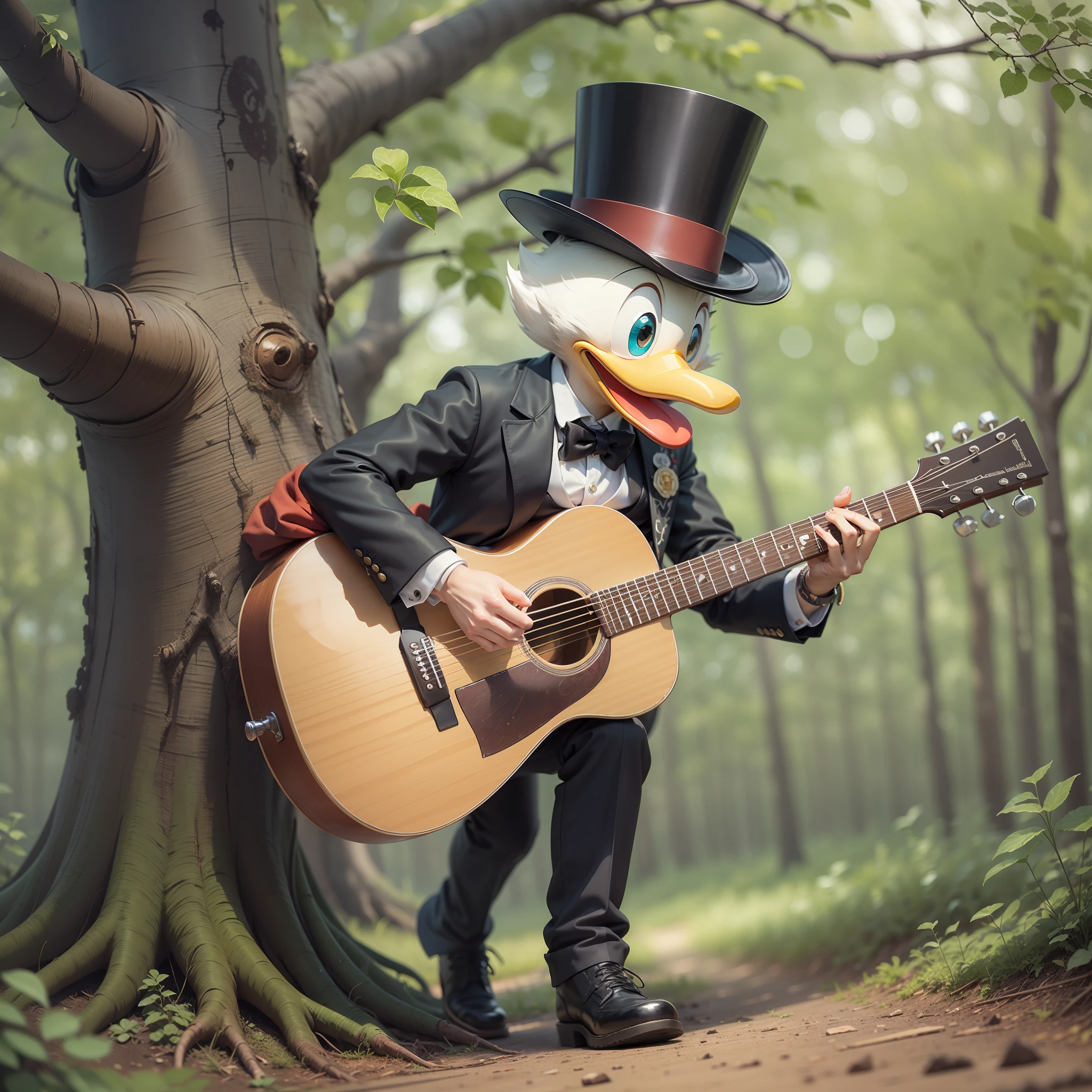 (Masterpiece), (Best Quality), (Super Detail), (Full Body: 1.2), Donald Duck, Chibi, Cute, Smiling, Mouth Closed, Facing Forward, Looking Here, Outdoor, Playing Guitar, Music, Holding Guitar, Blushing Label, Tree, 3, Jacket, Red Cover, Wearing a Black Top Hat, Black Top Hat, Bright Eyes, (Beautiful Detailed Face), (Beautiful Detailed Eyes), Blur.