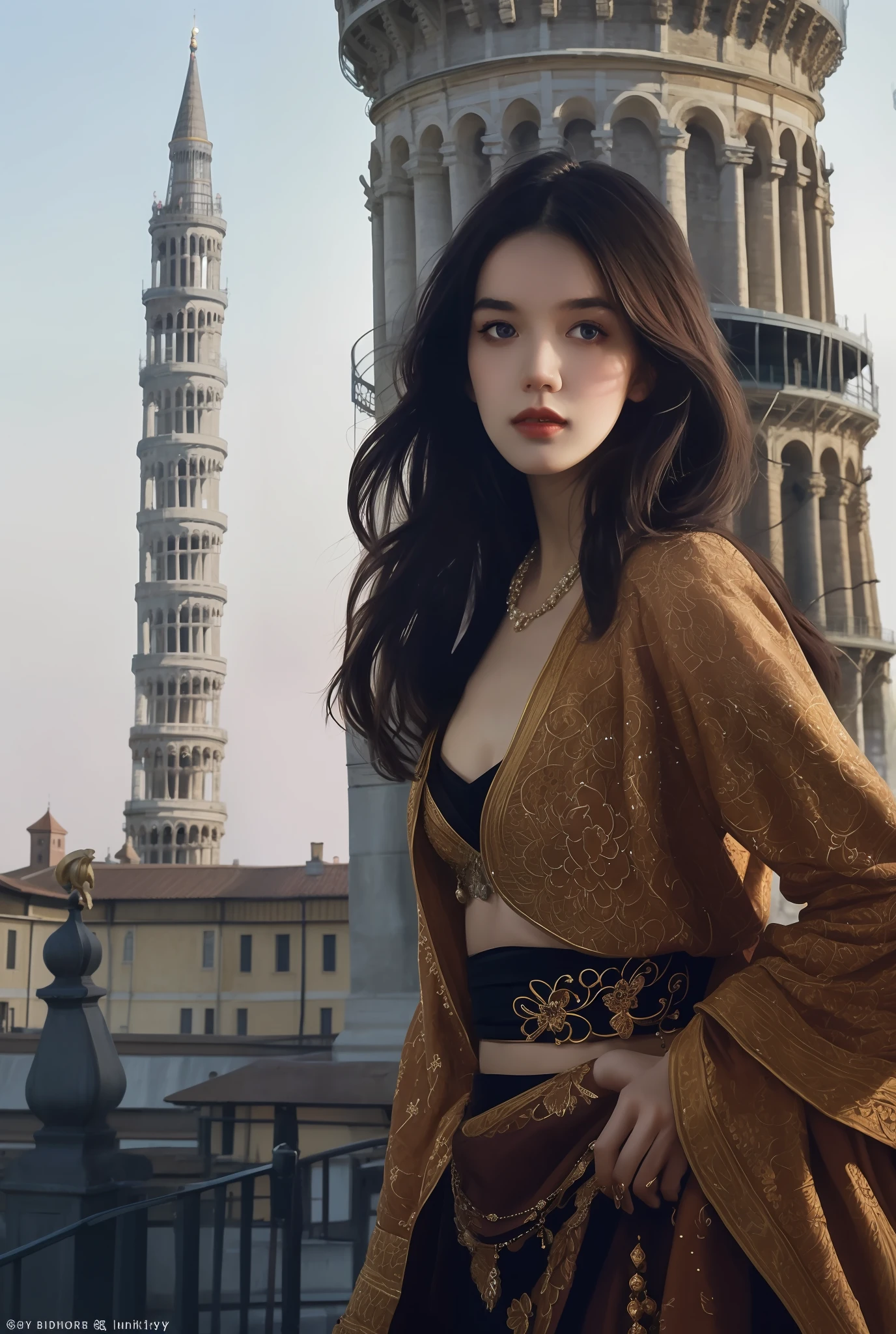 modelshoot style, (extremely detailed CG unity 8k wallpaper),full shot body photo of the most beautiful artwork in the world, stunningly beautiful photo realistic cute women intricately detailed costume, navel,(Leaning Tower Of Pisa background), professional majestic oil painting by Ed Blinkey, Atey Ghailan, Studio Ghibli, by Jeremy Mann, Greg Manchess, Antonio Moro, trending on ArtStation, trending on CGSociety, Intricate, High Detail, Sharp focus, dramatic, photorealistic painting art by midjourney and greg rutkowski