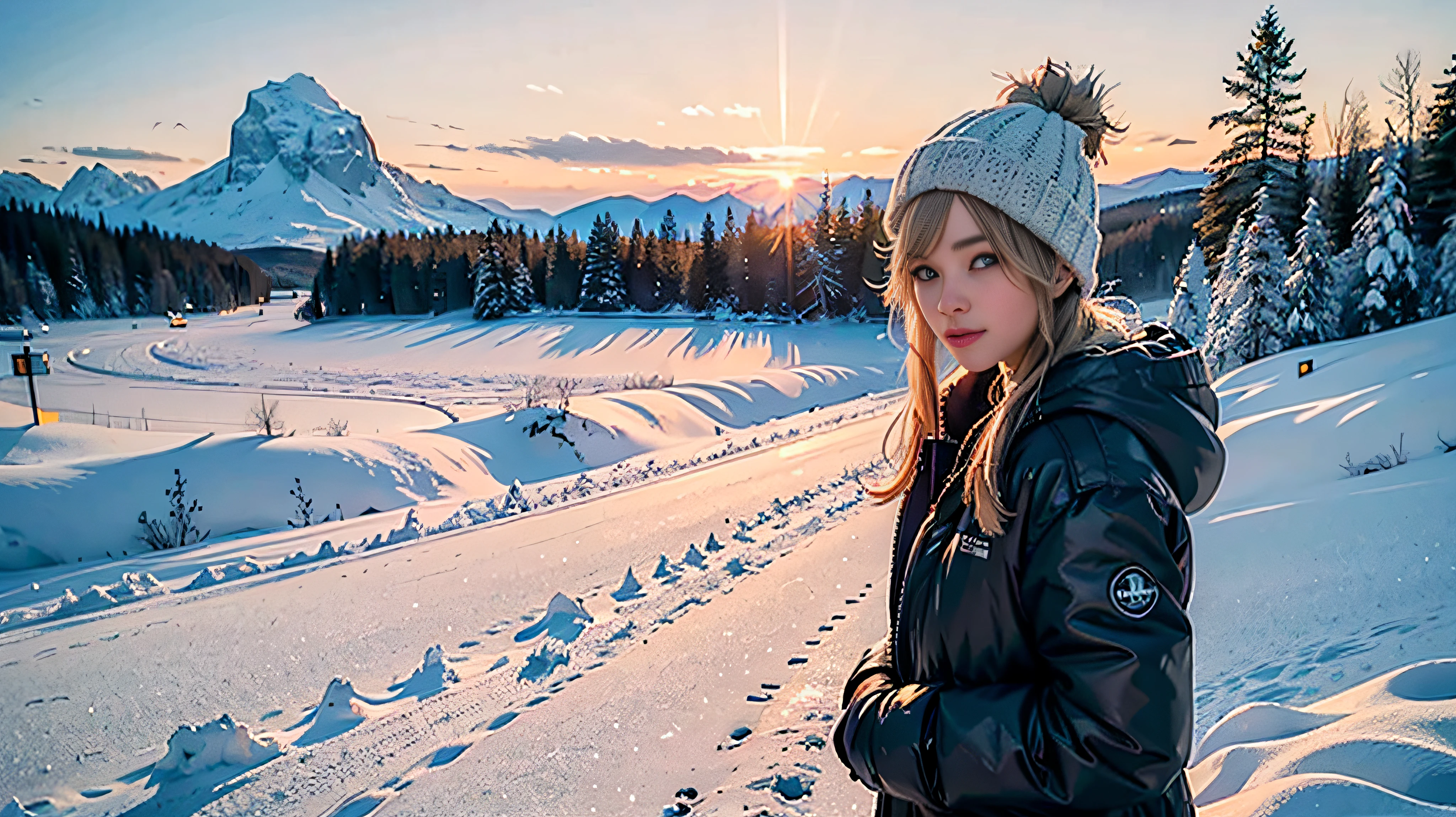(masterpiece), (best quality:1.4), absurdres, [:intricate details:0.2], 1girl, tree, snow, solo, outdoors, water, mountain, large breasts, bikini, long hair, scenery, winter, lake, (looking at viewer:1.2), day, sky, reflection